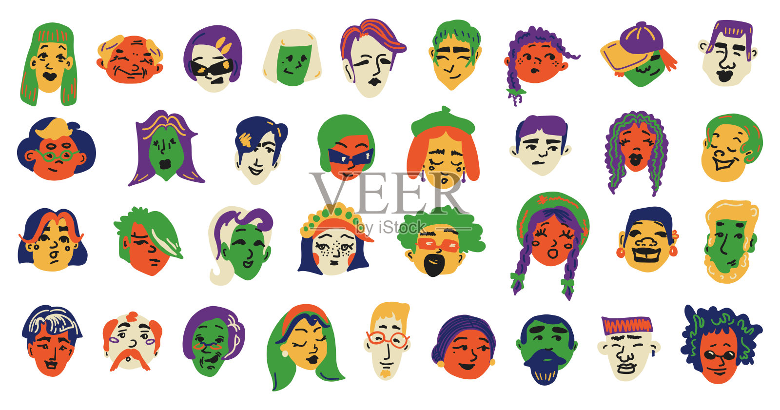 多样的男女肖像集。新潮时尚的人物化身。不同的年龄,种族,发型,情绪。当代卡通面孔。抽象手绘集。孤立矢量图插画图片素材