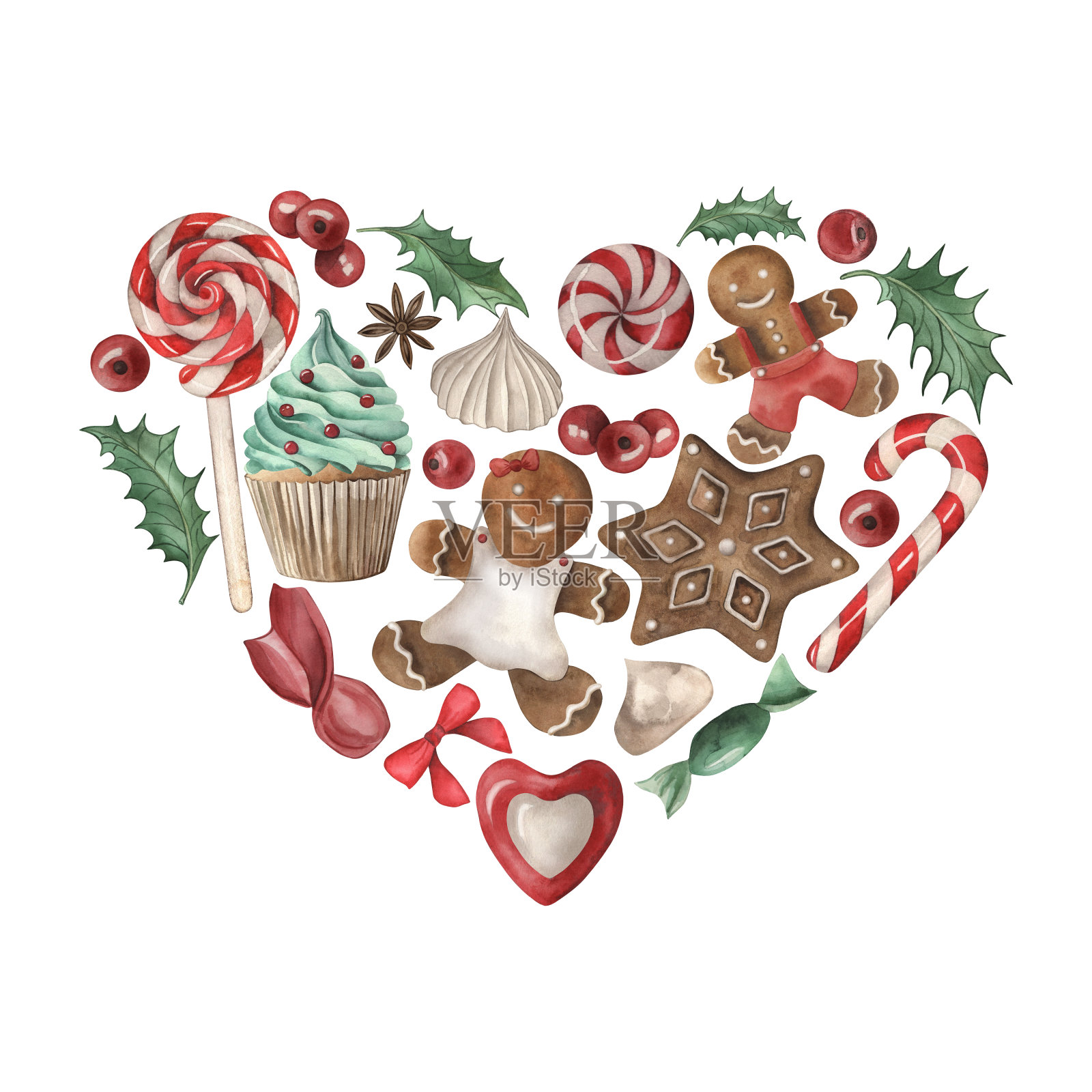 圣诞节,圣诞,糖果,纸杯蛋糕,棒棒糖,糖果,姜饼,蛋白霜,冬青,新年。这幅插图是用水彩单独绘制的。用于设计、包装、印刷、纺织、室内装饰。插画图片素材