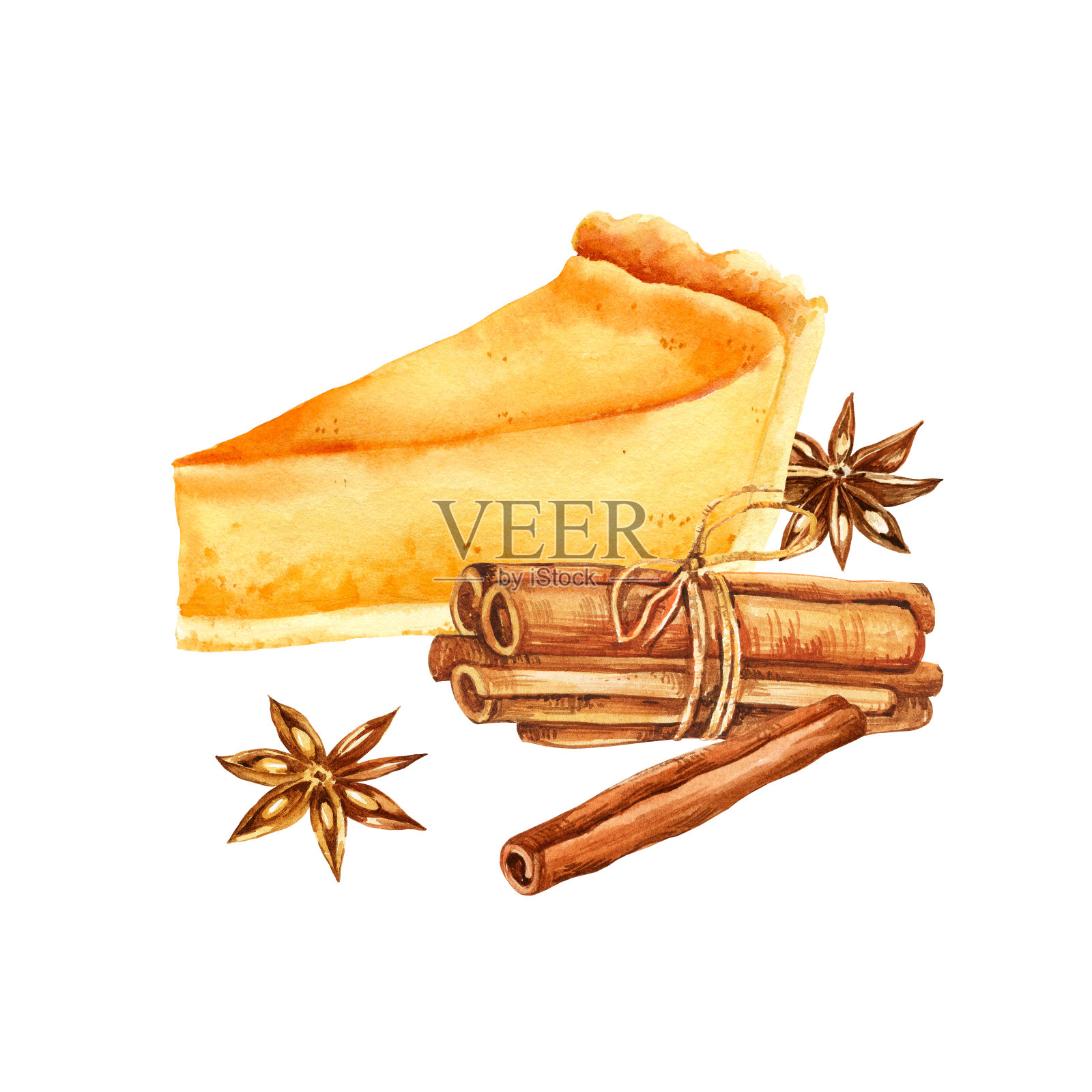 水彩画美味的南瓜派,肉桂棒,八角茴香,手绘插图的食物主题,对待节日,万圣节,秋季聚会,舒适的素描在白色背景的卡片插画图片素材