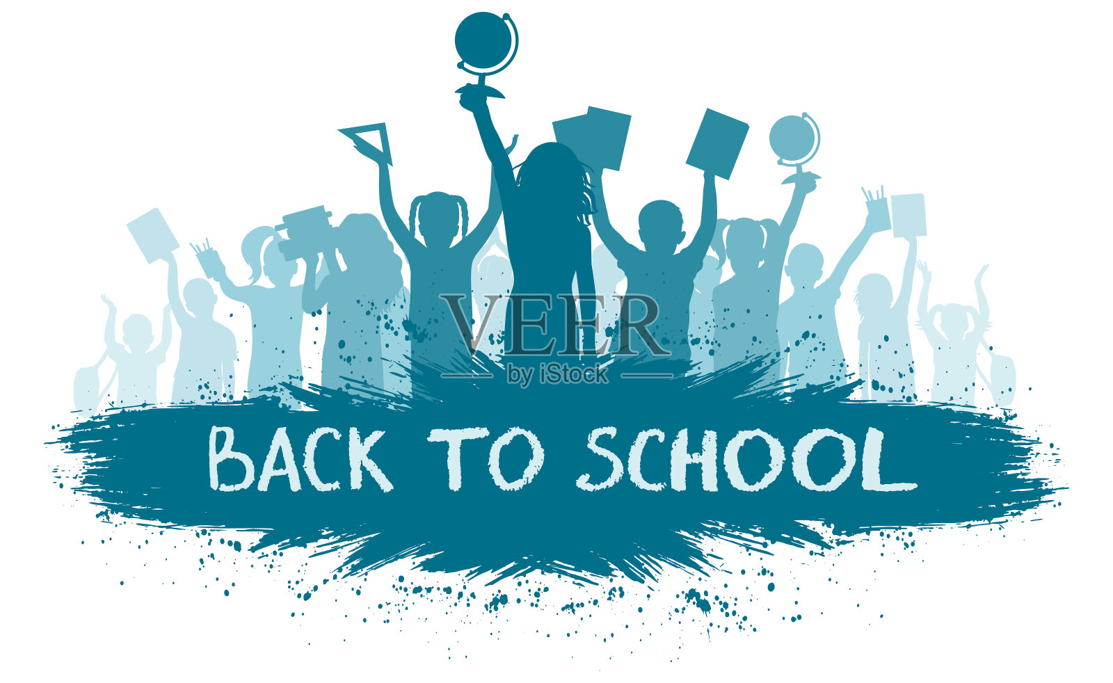 回到学校。一群拿着学习用品的快乐学生。轮廓。矢量图插画图片素材