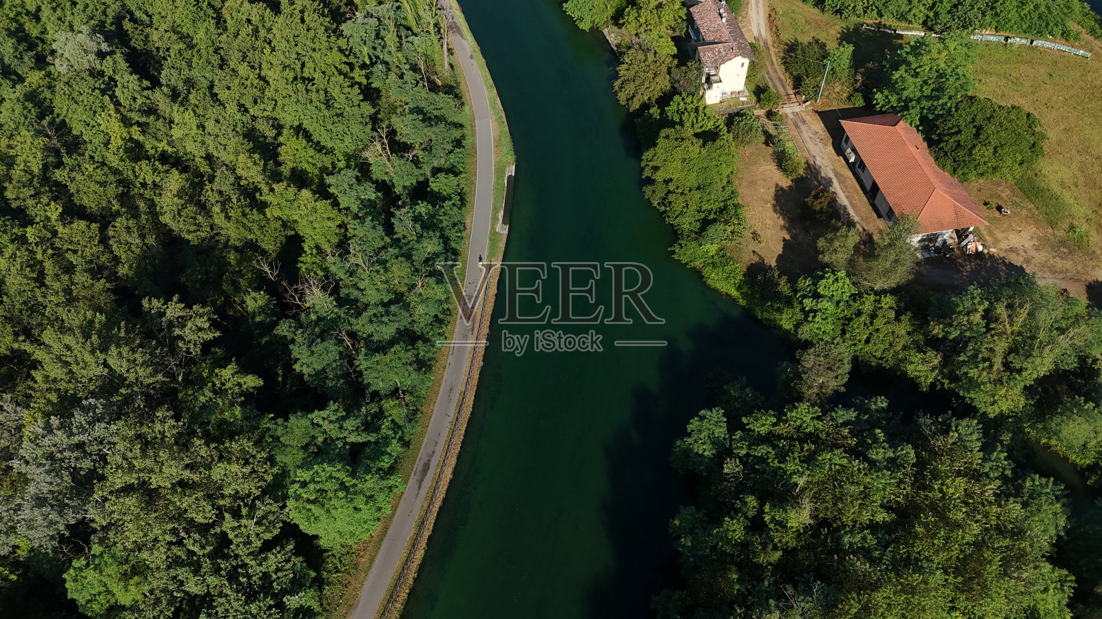 有水的运河和自行车道照片摄影图片