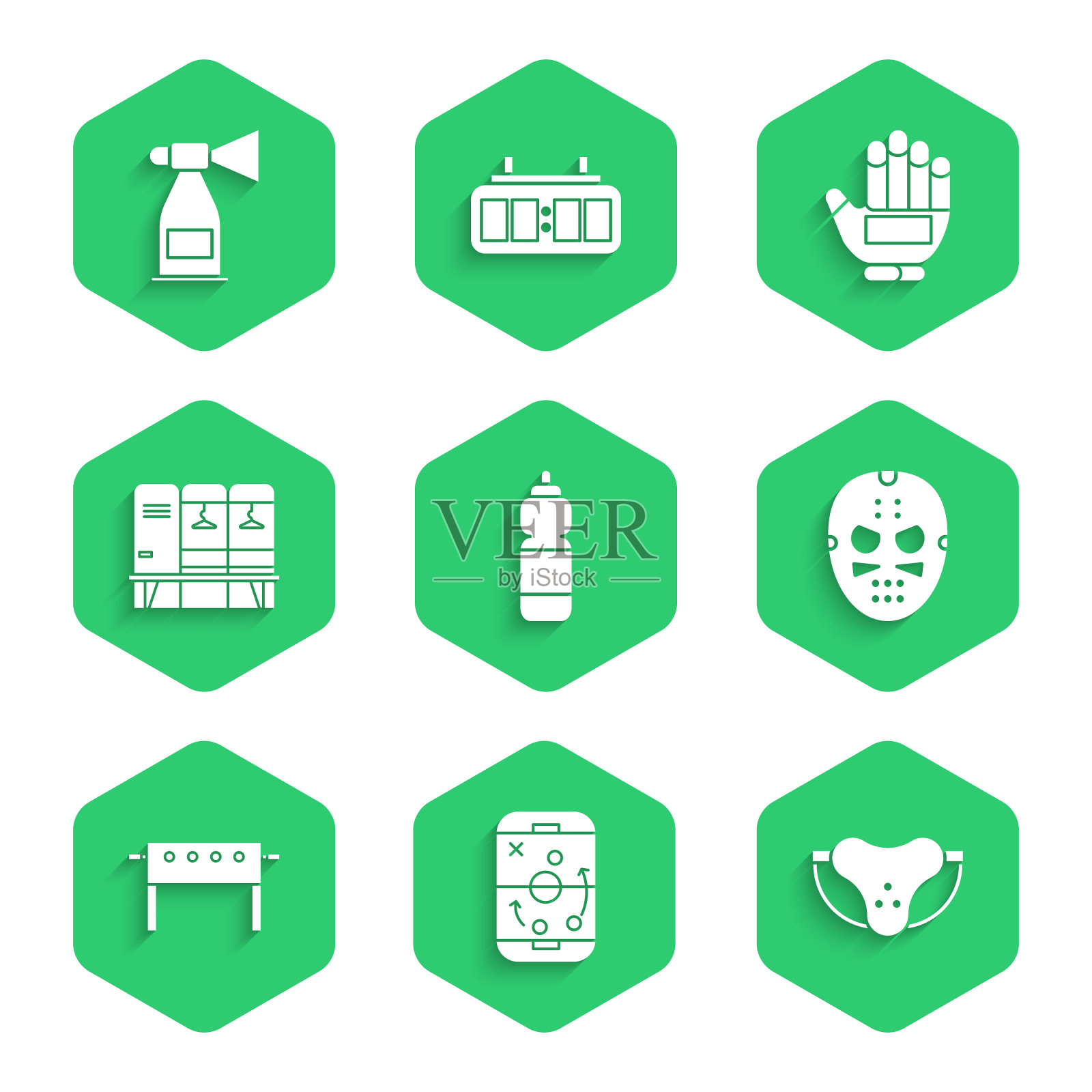 设置健身摇床,规划策略,保护性运动护身符,曲棍球面具,桌子,更衣室,手套和空气喇叭图标。向量插画图片素材