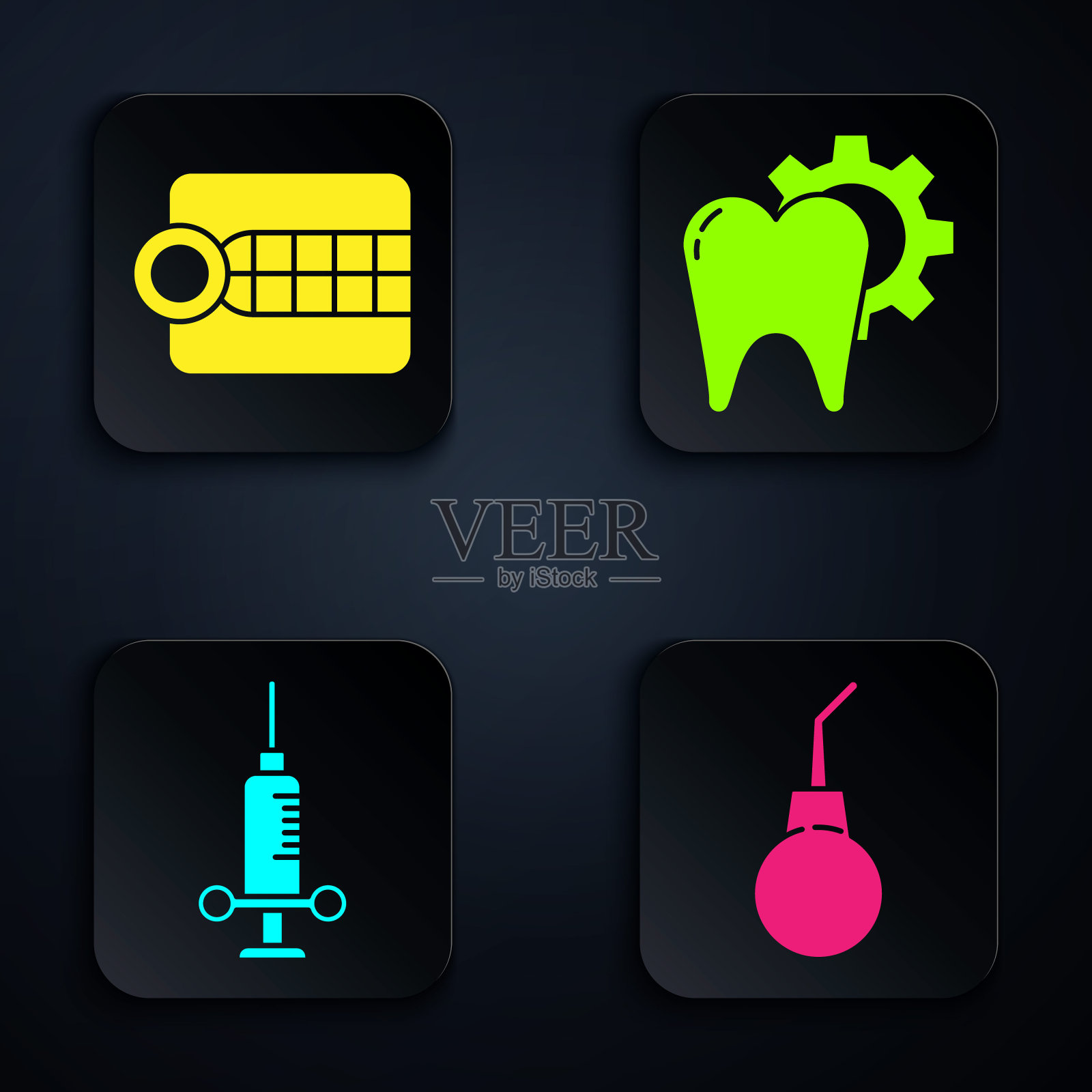 设置灌肠梨,假牙模型,牙科医疗注射器和牙齿治疗程序。黑色方形按钮。向量插画图片素材