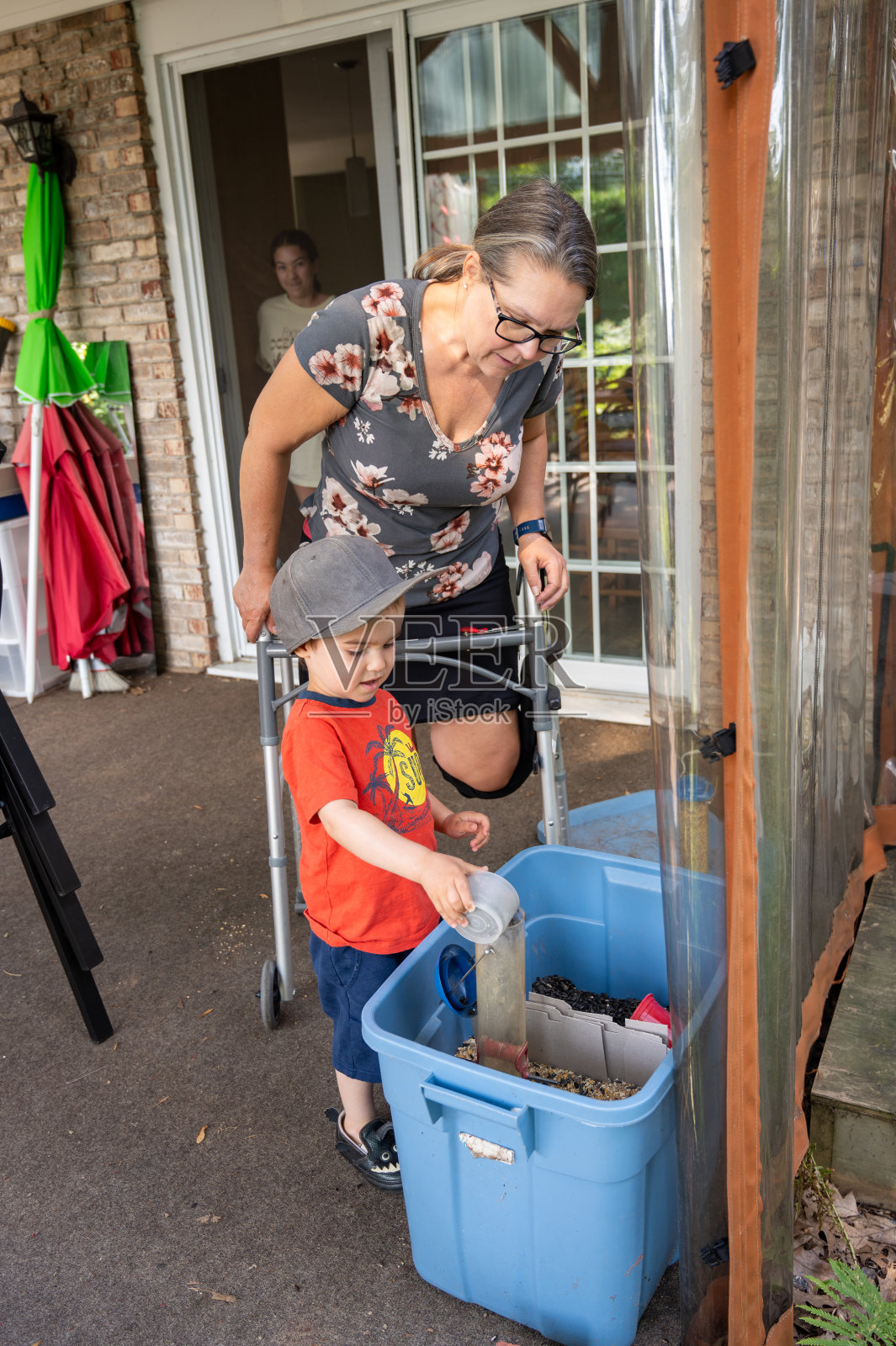 小男孩在喂鸟器照片摄影图片