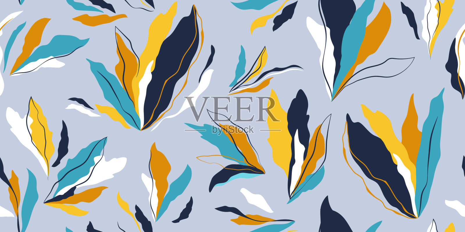 创意植物叶子手绘抽象无缝图案。当代拼贴艺术。亮橙色、黄色、白色、蓝灰色背景。泳装、纺织品、墙纸、模板等服装设计插画图片素材