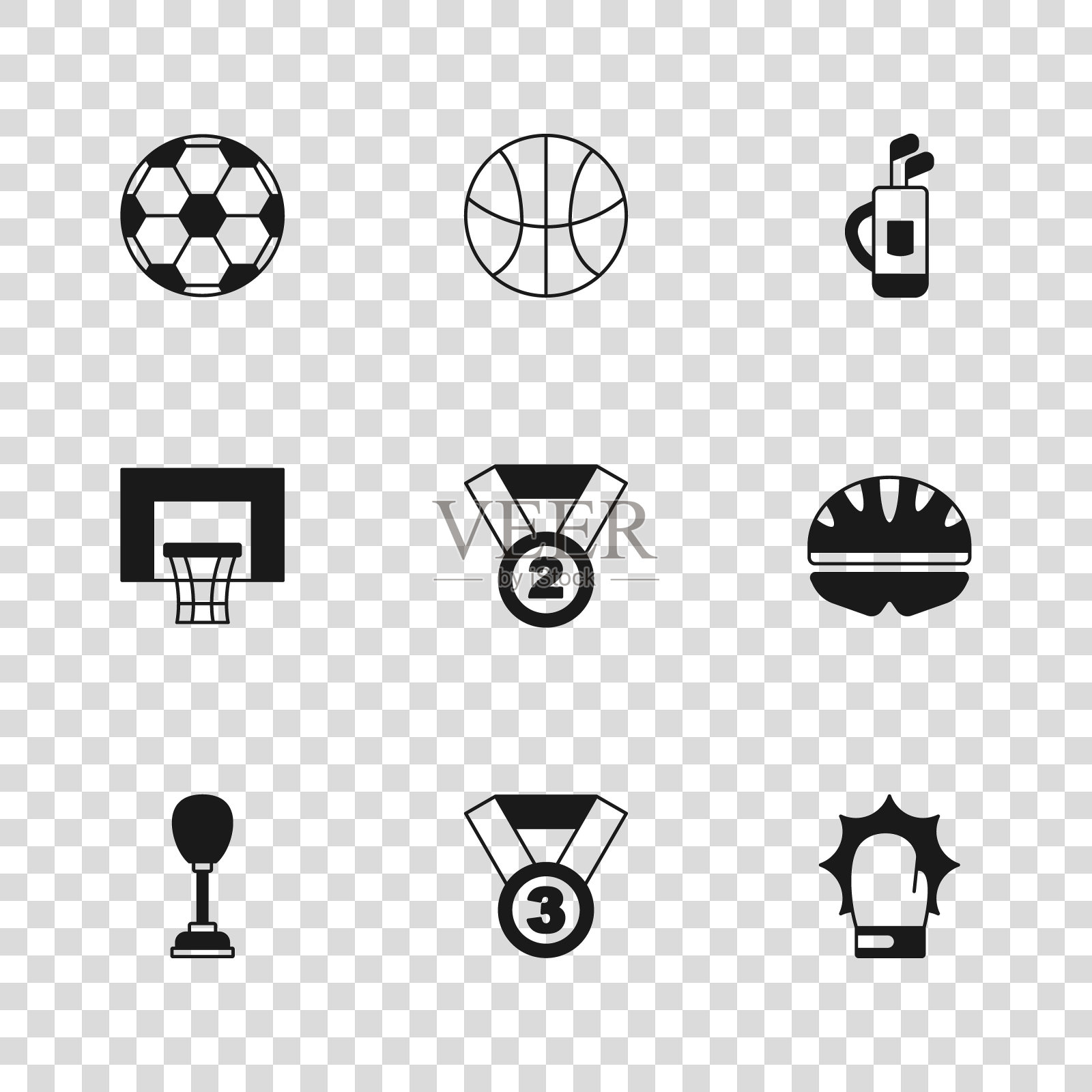 集奖章,自行车头盔,拳击手套,高尔夫球袋与俱乐部,足球足球,篮球和篮板图标。向量插画图片素材