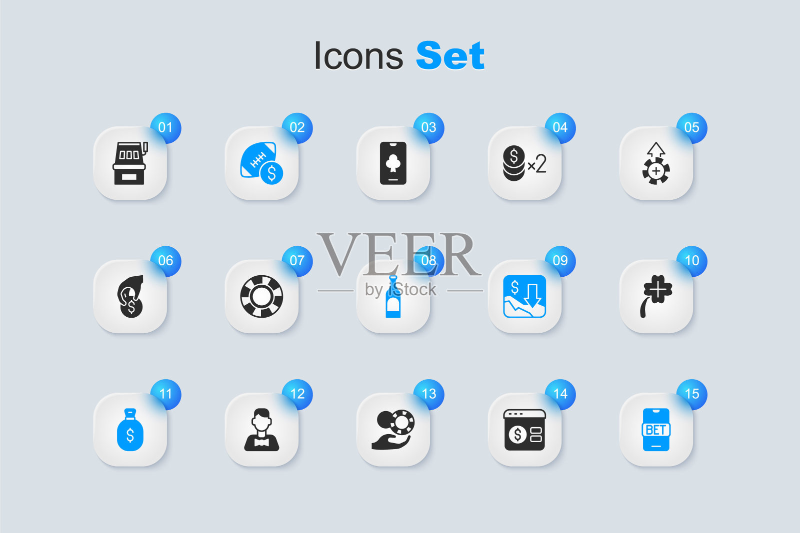 设置在线扑克桌游戏,赌场筹码,美式足球投注钱,钱袋,体育,老虎机与三叶草,老虎机和一瓶酒的图标。向量插画图片素材