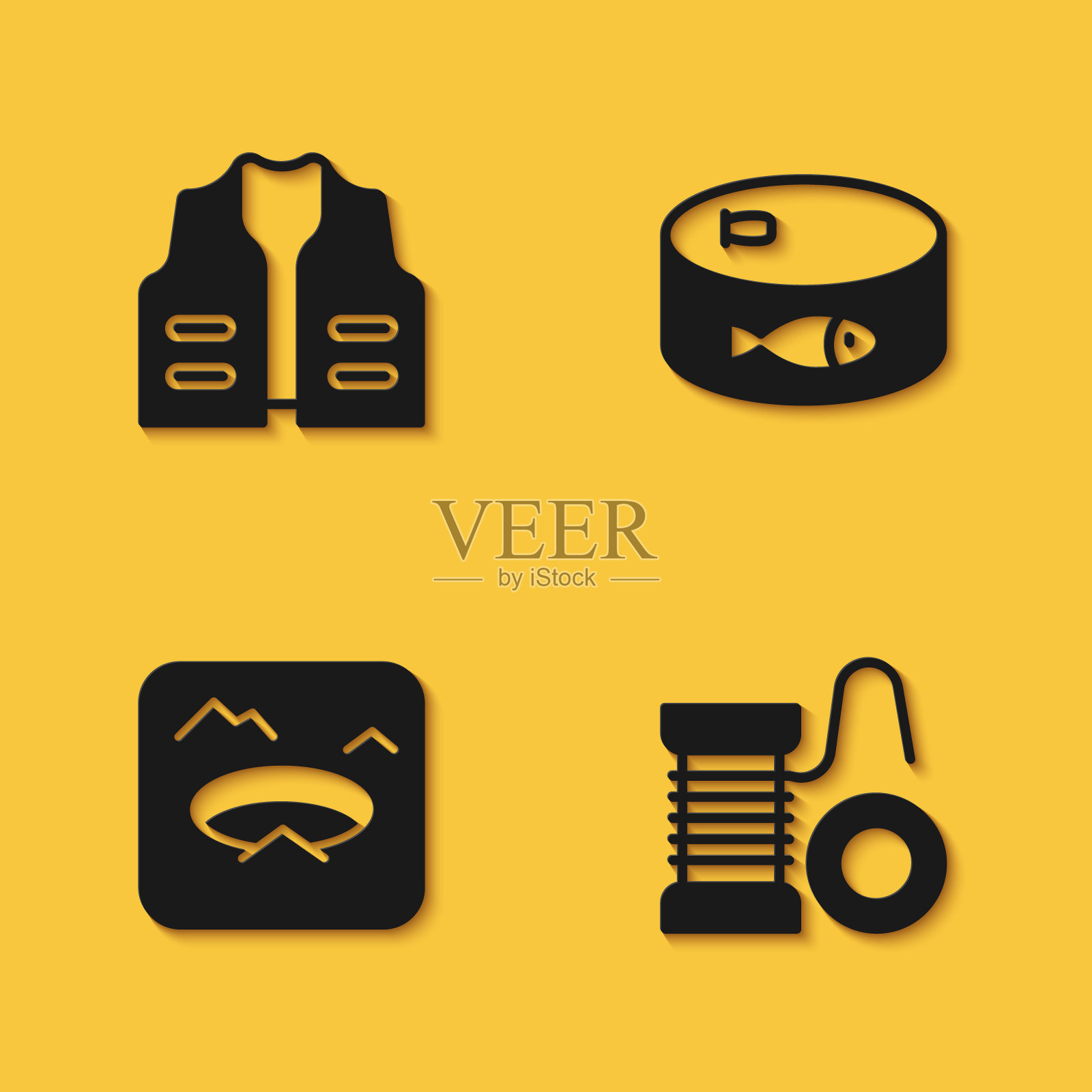 集钓鱼夹克,纺纱卷轴钓鱼,冬季和罐头图标长阴影。向量插画图片素材