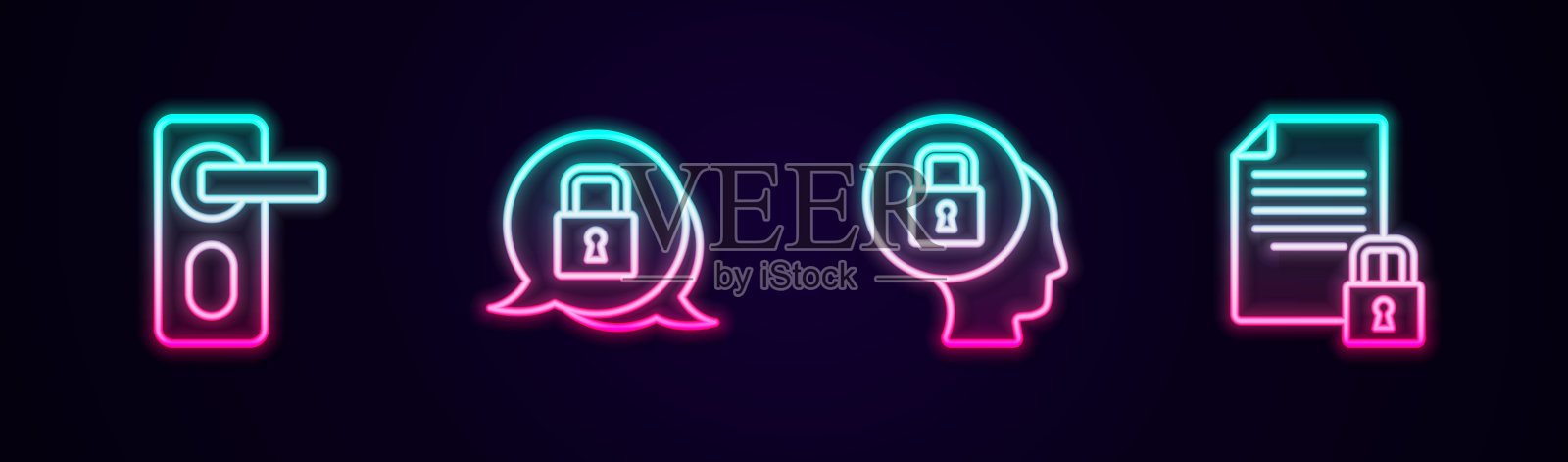 设置线路“指纹门锁”、“门锁”和“文件锁”。发光的霓虹灯图标。向量插画图片素材