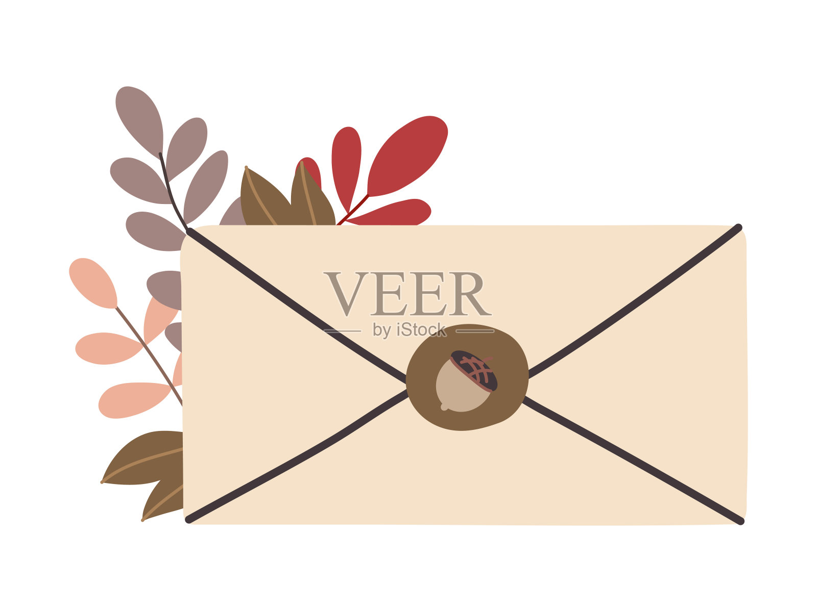 秋天的森林叶子在开的信封孤立在白色的背景上插画图片素材