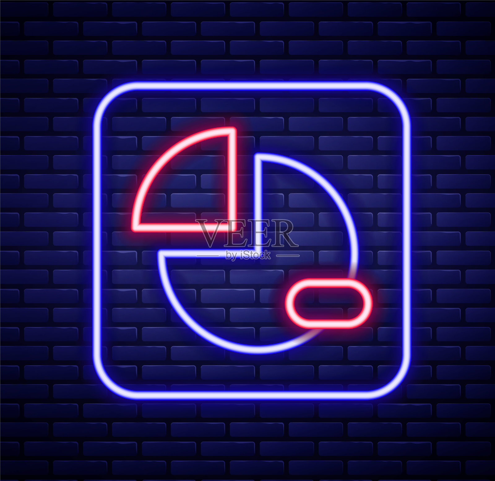 发光的霓虹灯线饼图信息图形图标孤立的砖墙背景。图表符号。色彩缤纷的轮廓概念。向量插画图片素材