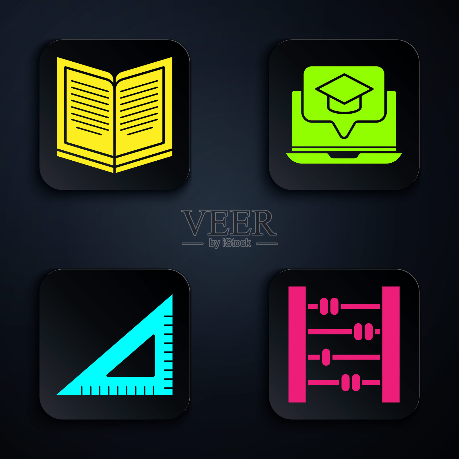 设置珠算,开卷,三角尺和毕业帽在屏幕笔记本电脑上。黑色方形按钮。向量插画图片素材