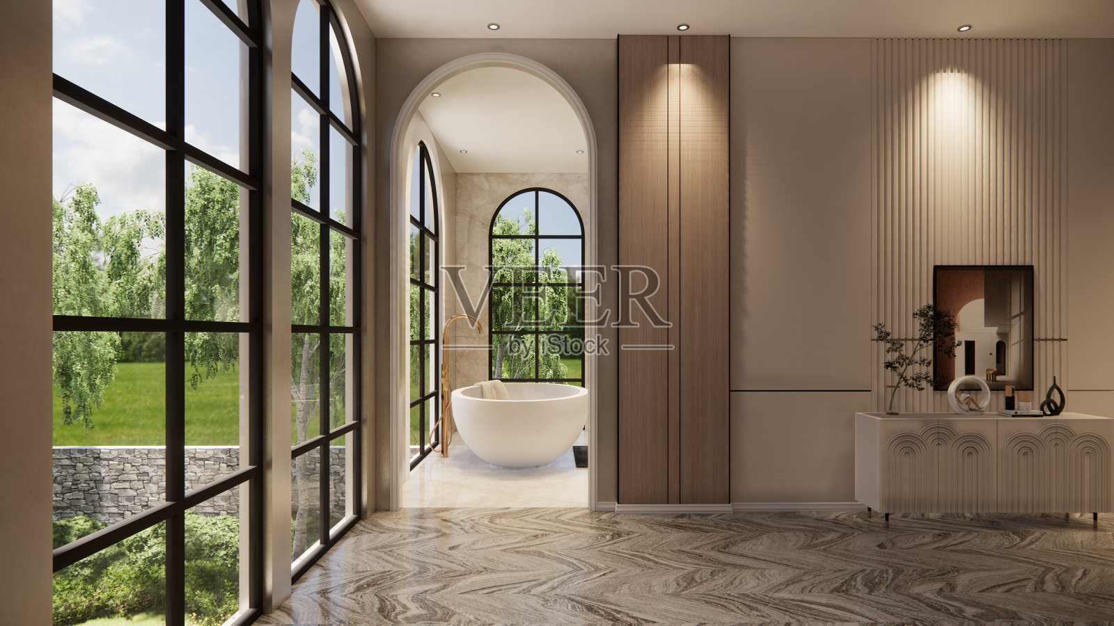 内部空的豪华住宅开放空间。客厅和食品储藏室厨房。双面空间内部。3d渲染。照片摄影图片