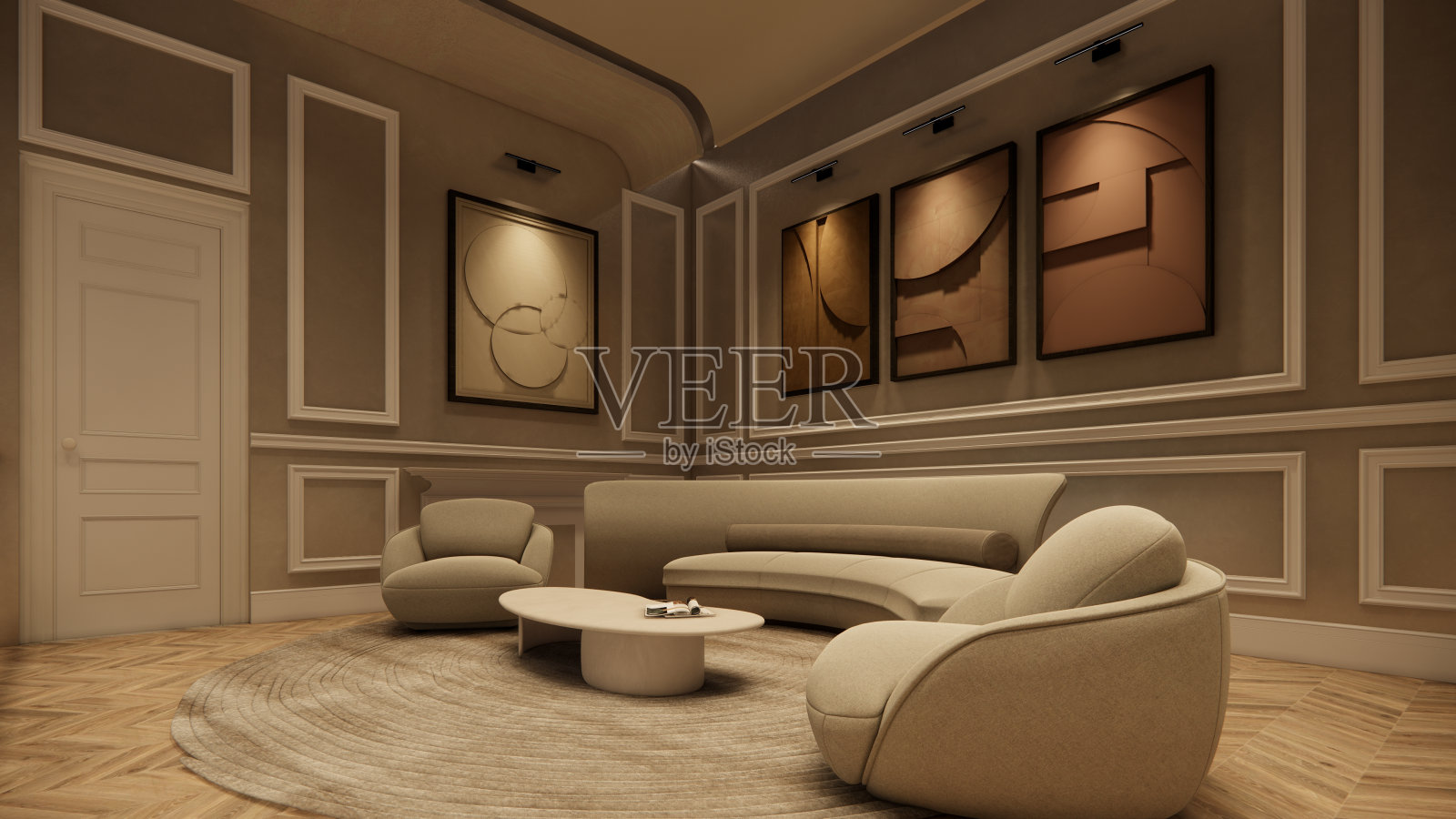 内部空的豪华住宅开放空间。客厅和食品储藏室厨房。双面空间内部。3d渲染。照片摄影图片