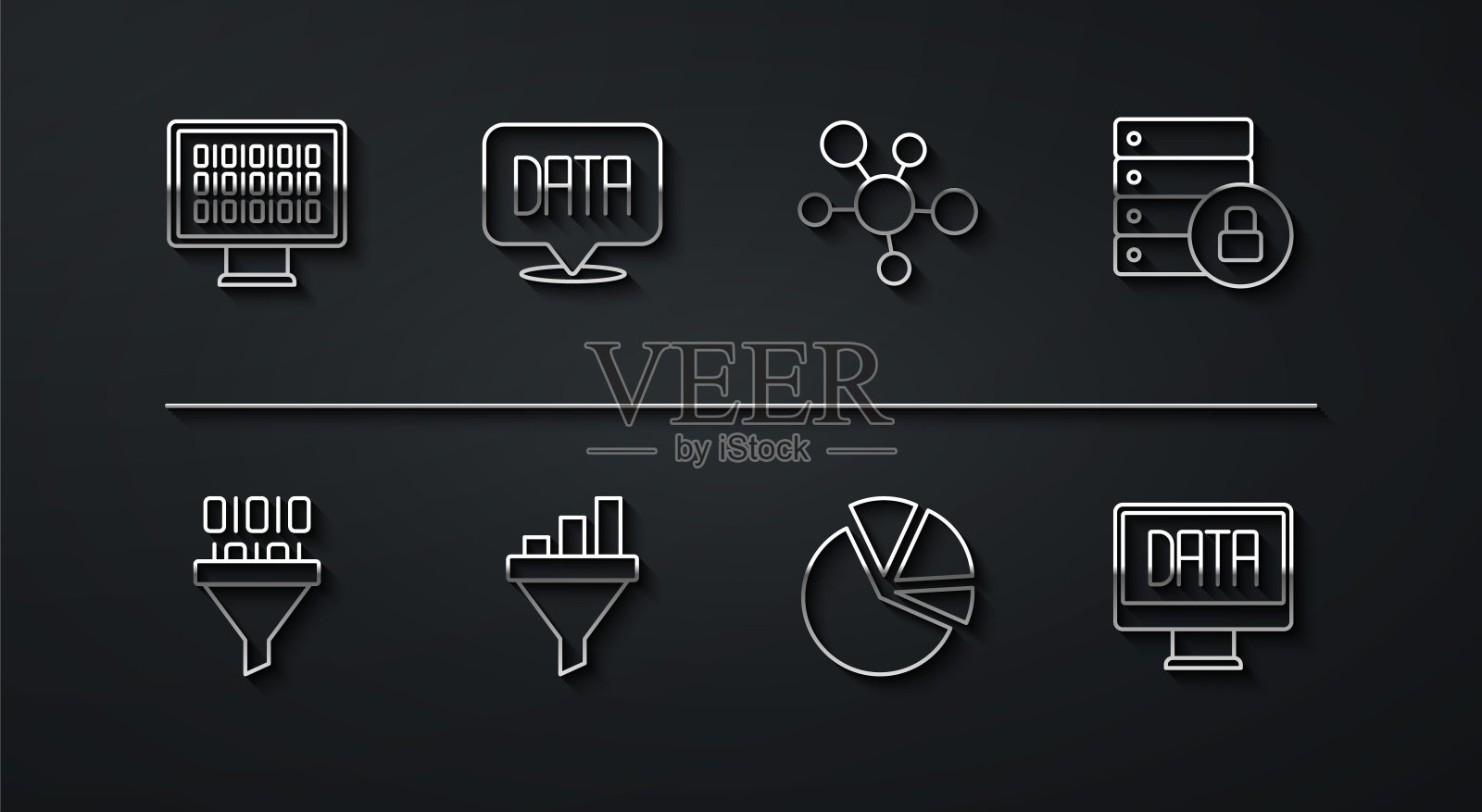 设置线二进制代码,服务器安全与挂锁,饼图信息图,销售漏斗,数据分析,和思维导图图标。向量插画图片素材