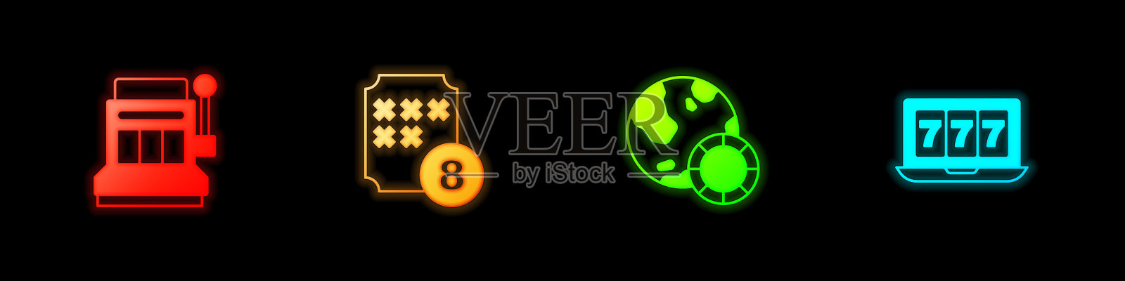 集老虎机,彩票球宾果卡,赌场筹码和在线老虎机与头奖图标。向量插画图片素材