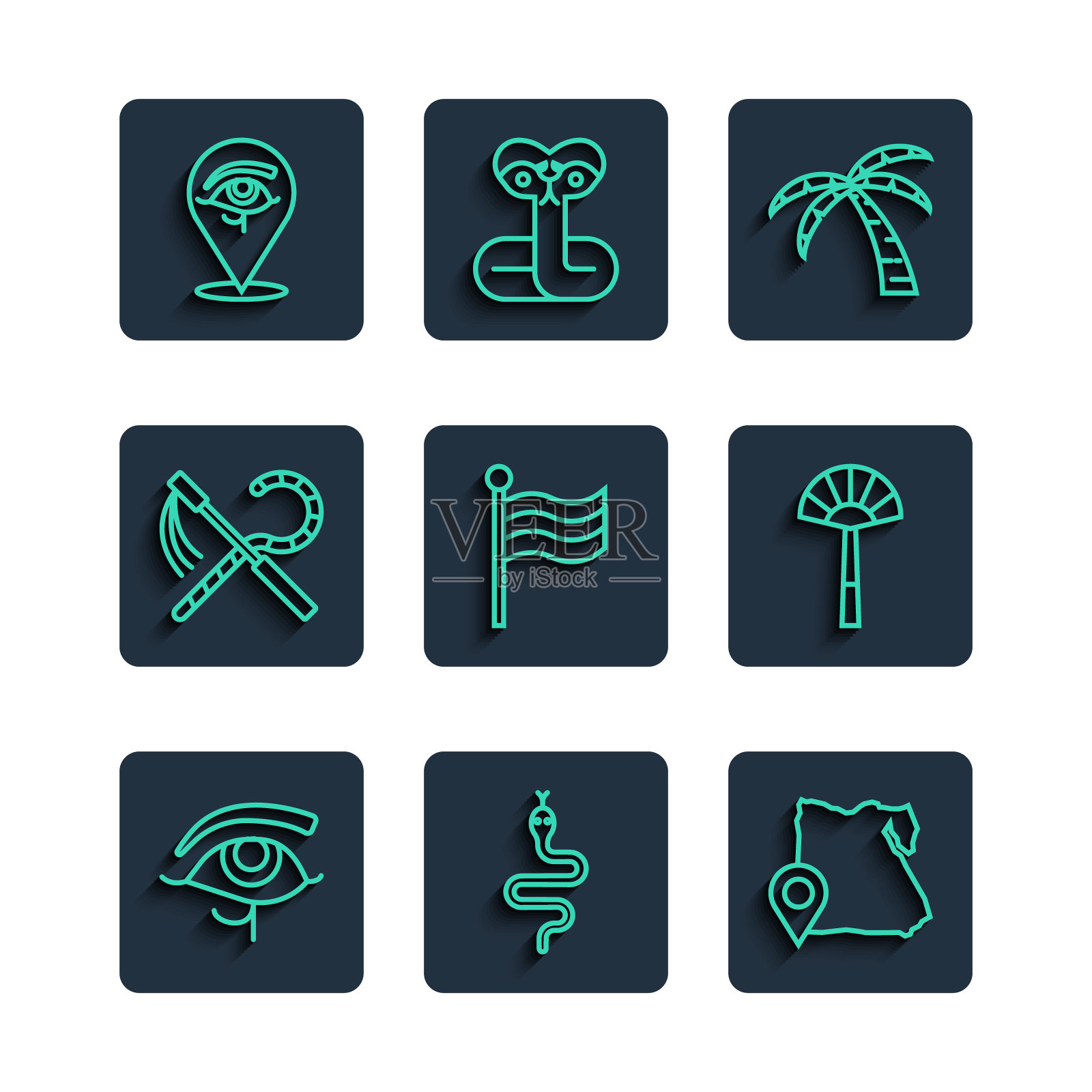 设线荷鲁斯之眼,蛇,地图埃及,热带棕榈树,旗帜,Crook和连枷,和埃及球迷的图标。向量插画图片素材