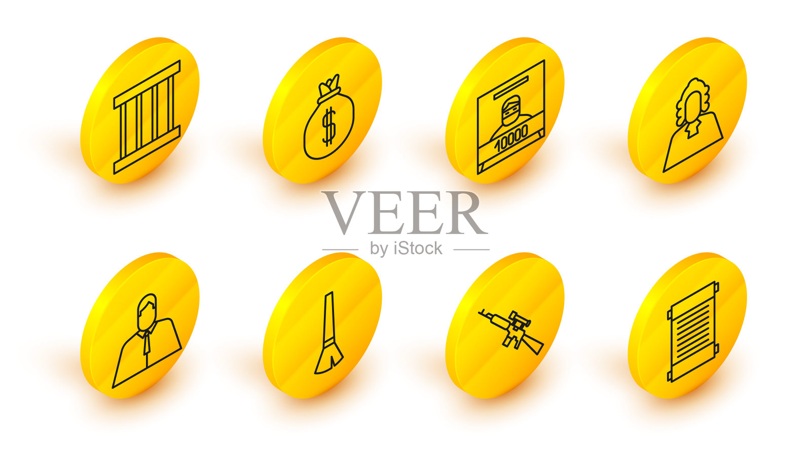 法令文书、狙击步枪、画笔、律师、法官、通缉令和钱袋矢量图插画图片素材