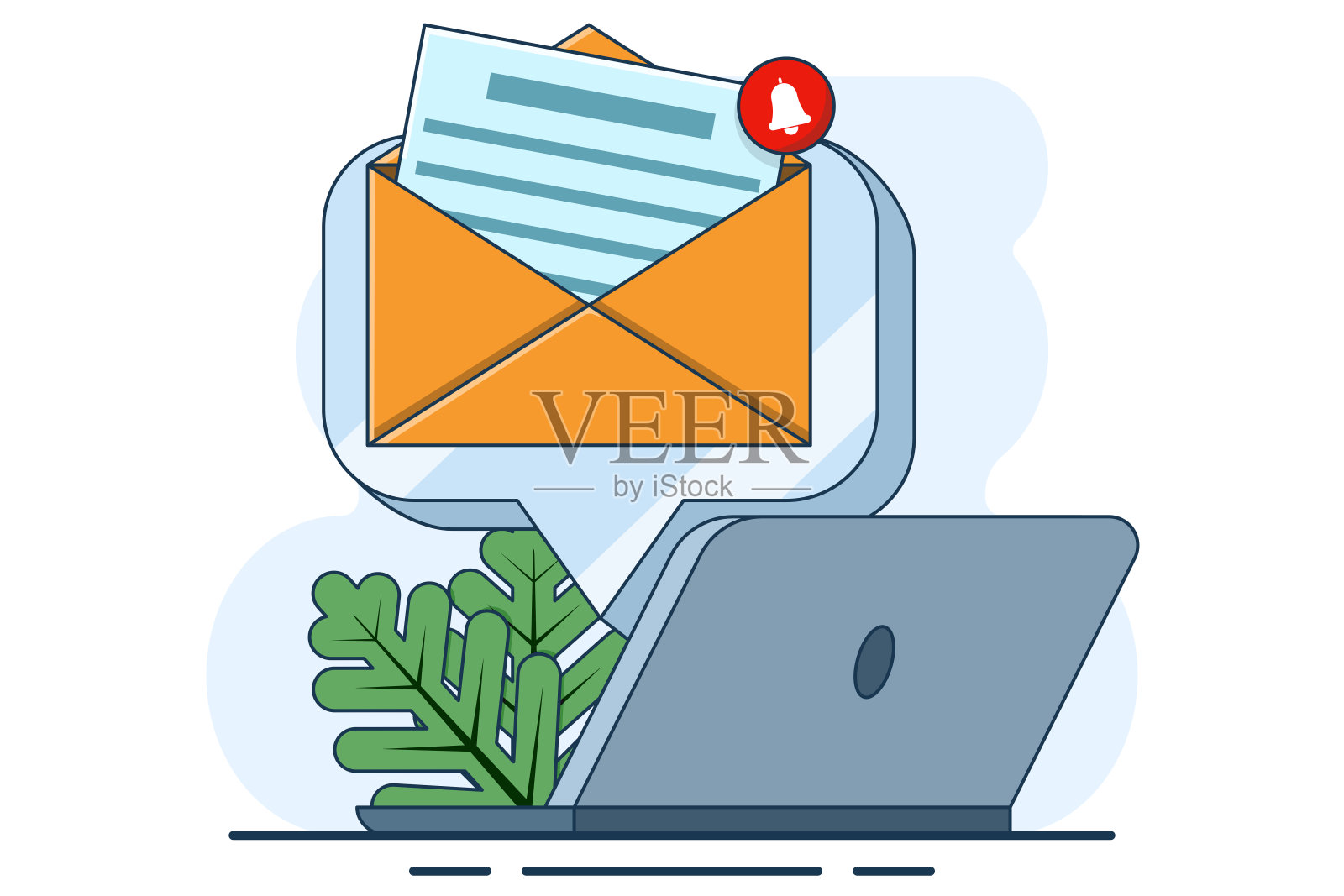 电子邮件收件箱或新邮件通知的概念。电子邮件通知在笔记本电脑上,电子邮件消息在设备屏幕上。消息提醒概念。电脑通讯。矢量插图在平面风格。插画图片素材