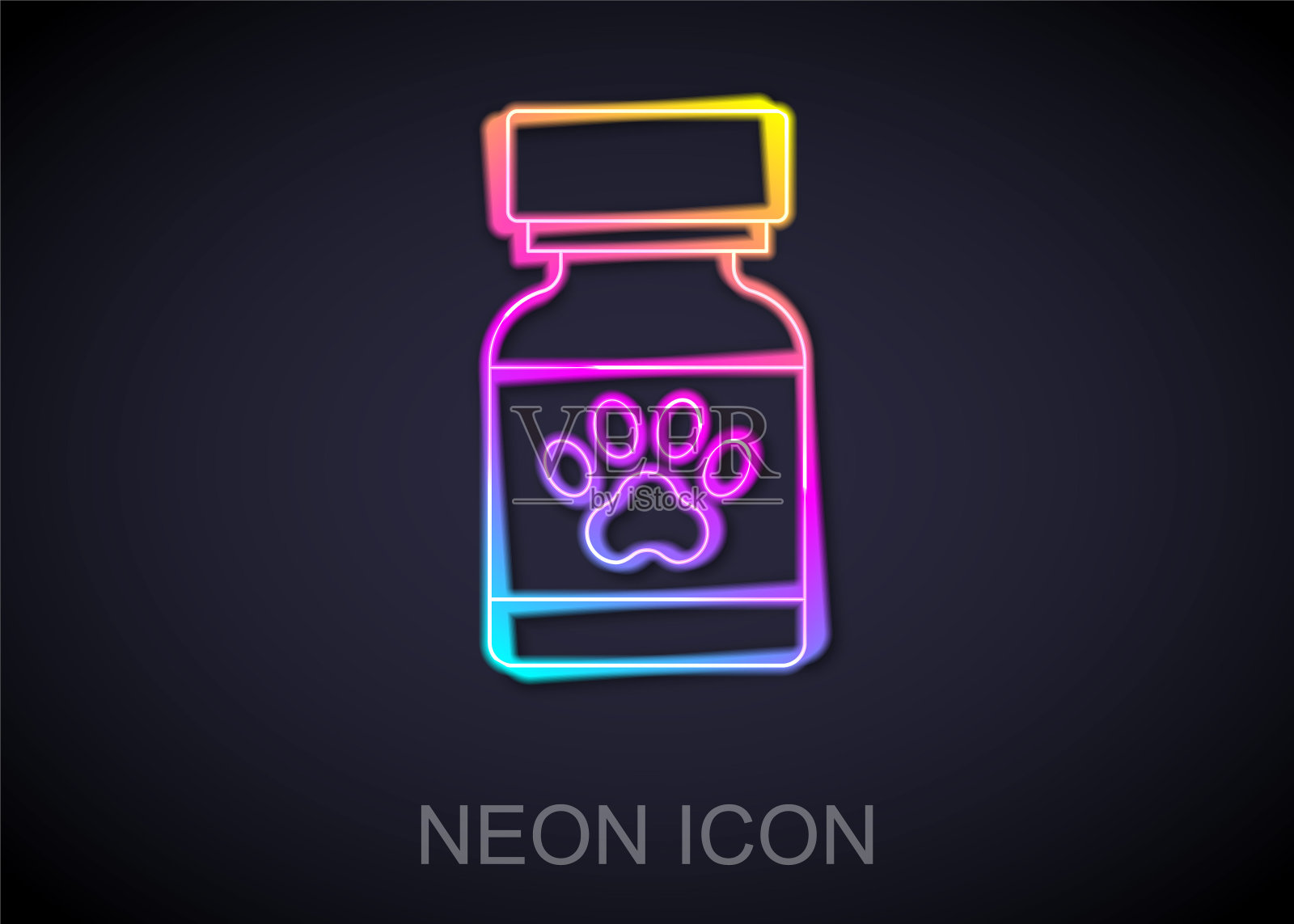 发光的霓虹灯线药瓶和药丸图标孤立的黑色背景。装有药片的容器。动物处方药。向量插画图片素材