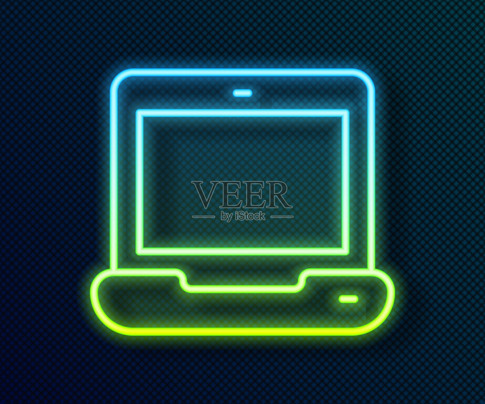 发光的霓虹灯线笔记本电脑图标孤立的黑色背景。屏幕空白的笔记本电脑。向量插画图片素材
