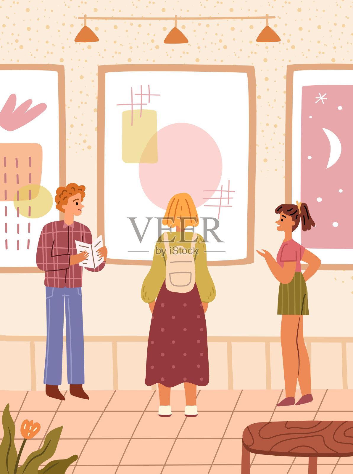 展览参观者在博物馆观看现代抽象画,在当代美术馆观看平面卡通人物。人们关于创意艺术品或展品,矢量插图插画图片素材