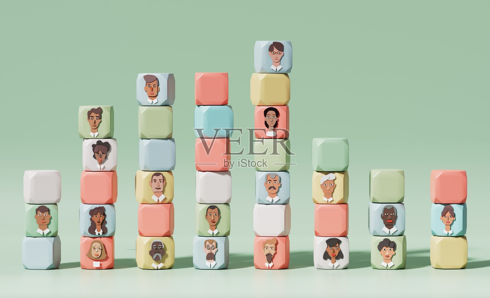 业务团队图,在图表中设置有人物肖像的立方体,显示进度和成就。商务、管理、人力资源概念3D化照片摄影图片