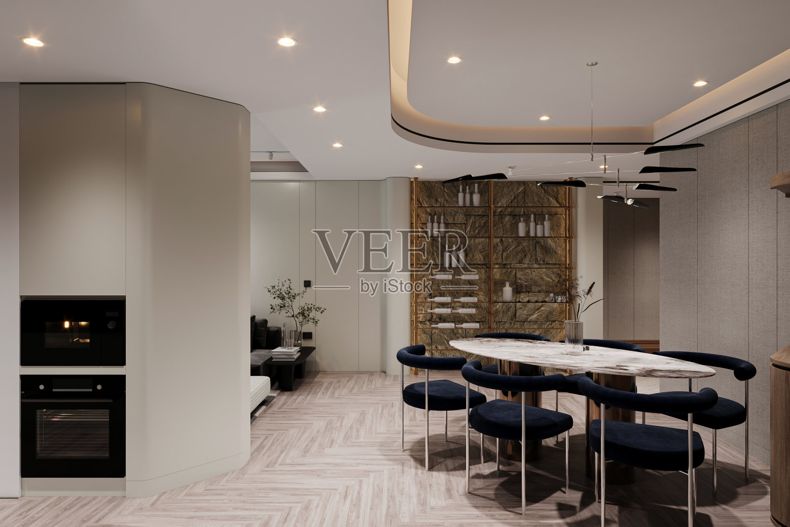 创建一个豪华和现代的餐厅组成的蓝色椅子和白色大理石桌子照片摄影图片