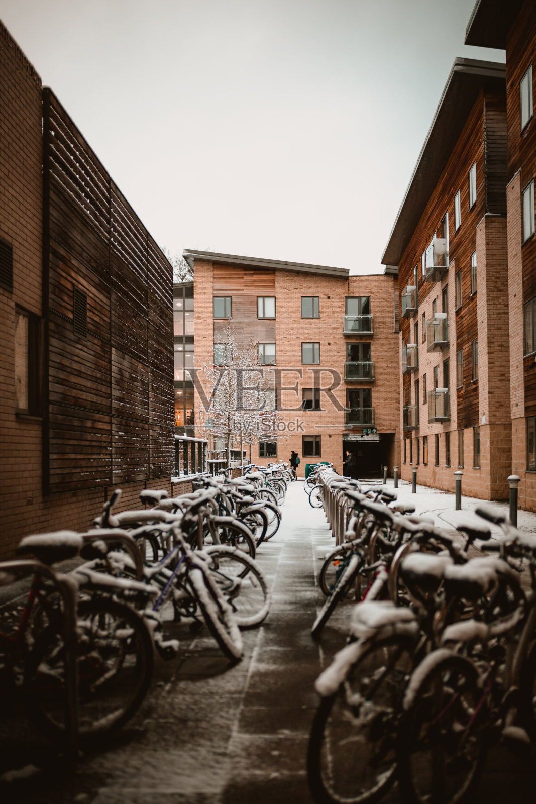 城市小巷里被雪覆盖的自行车照片摄影图片