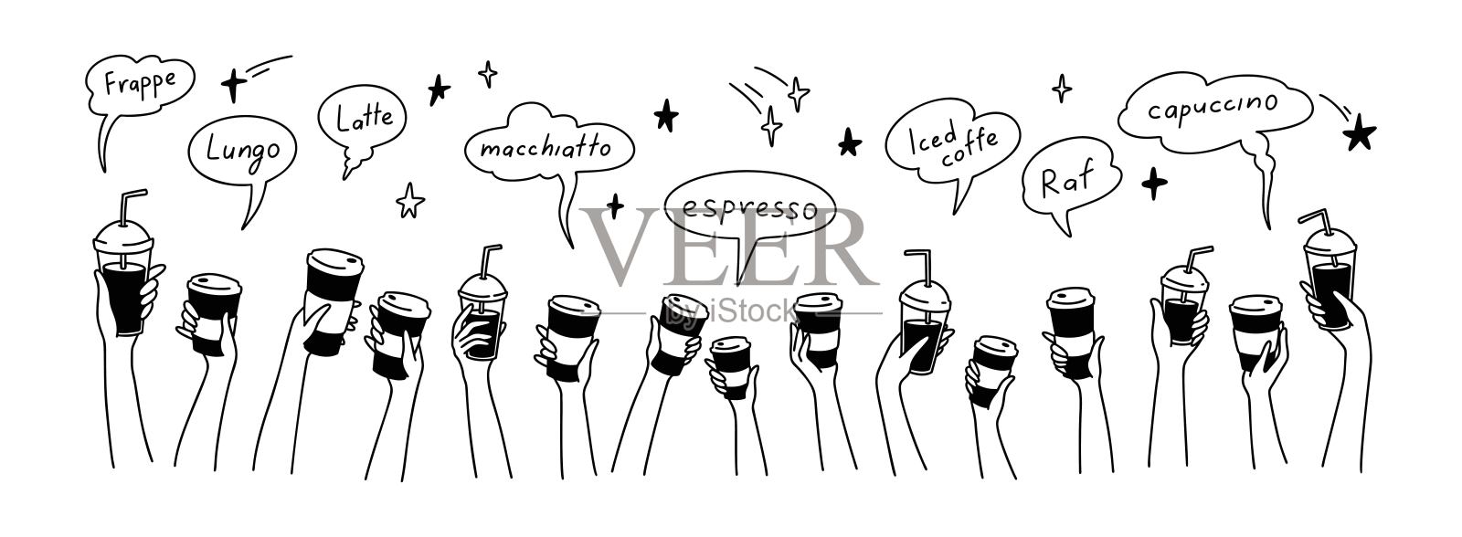 举手喝咖啡。一大群人,男人和孩子拿着一次性玻璃杯和纸杯。团队合作理念背景。不同种类的饮料插画图片素材