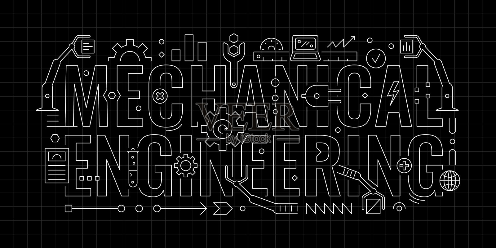 机械工程图纸在黑暗的背景。机械工程符号插画图片素材