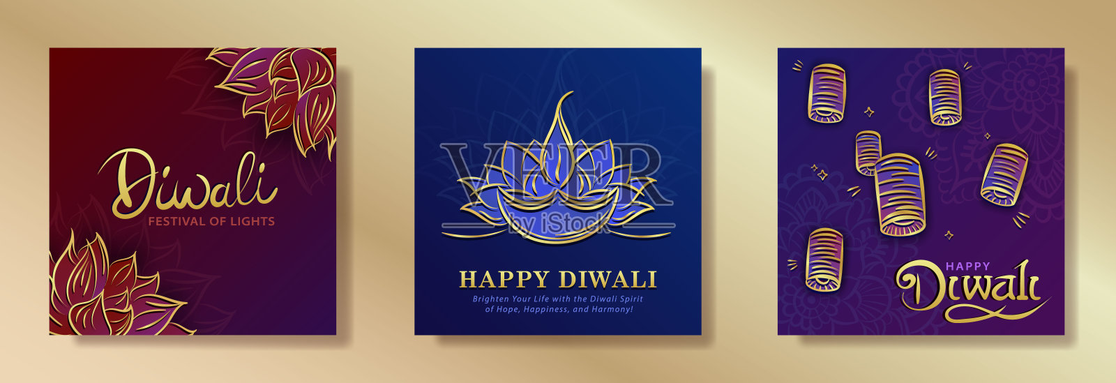 一套贺卡手绘线性黄金Diya油灯,排灯节纸灯笼和印度神圣的莲花为印度节日的灯插画图片素材