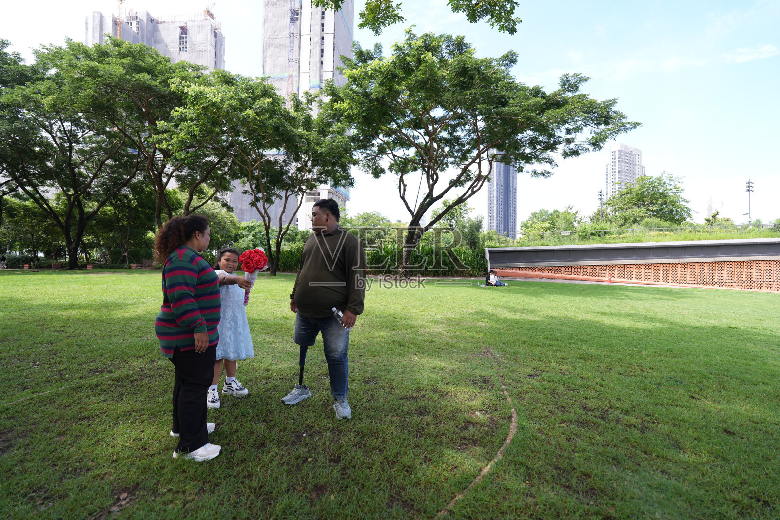 一个又大又胖的亚洲家庭,爸爸、妈妈、女儿在公园里野餐,他们坐着吃零食。他们坐着做作业,互相送花。他们很开心。照片摄影图片