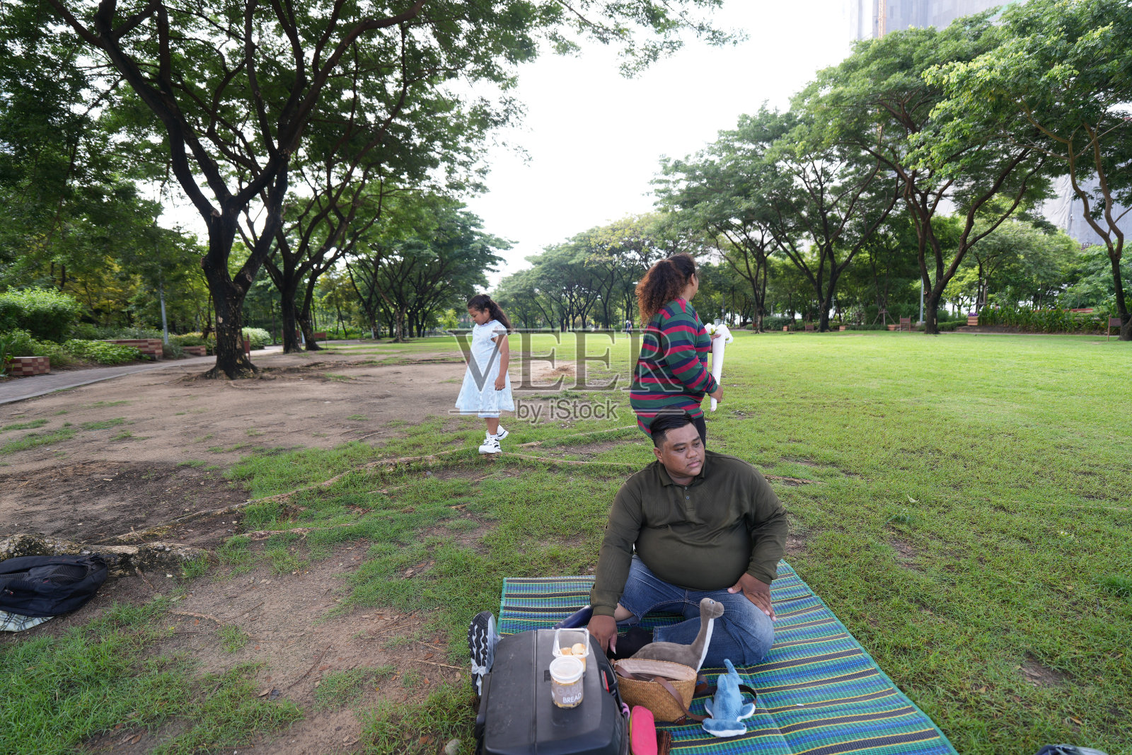 一个又大又胖的亚洲家庭,爸爸、妈妈、女儿在公园里野餐,他们坐着吃零食。他们坐着做作业,互相送花。他们很开心。照片摄影图片