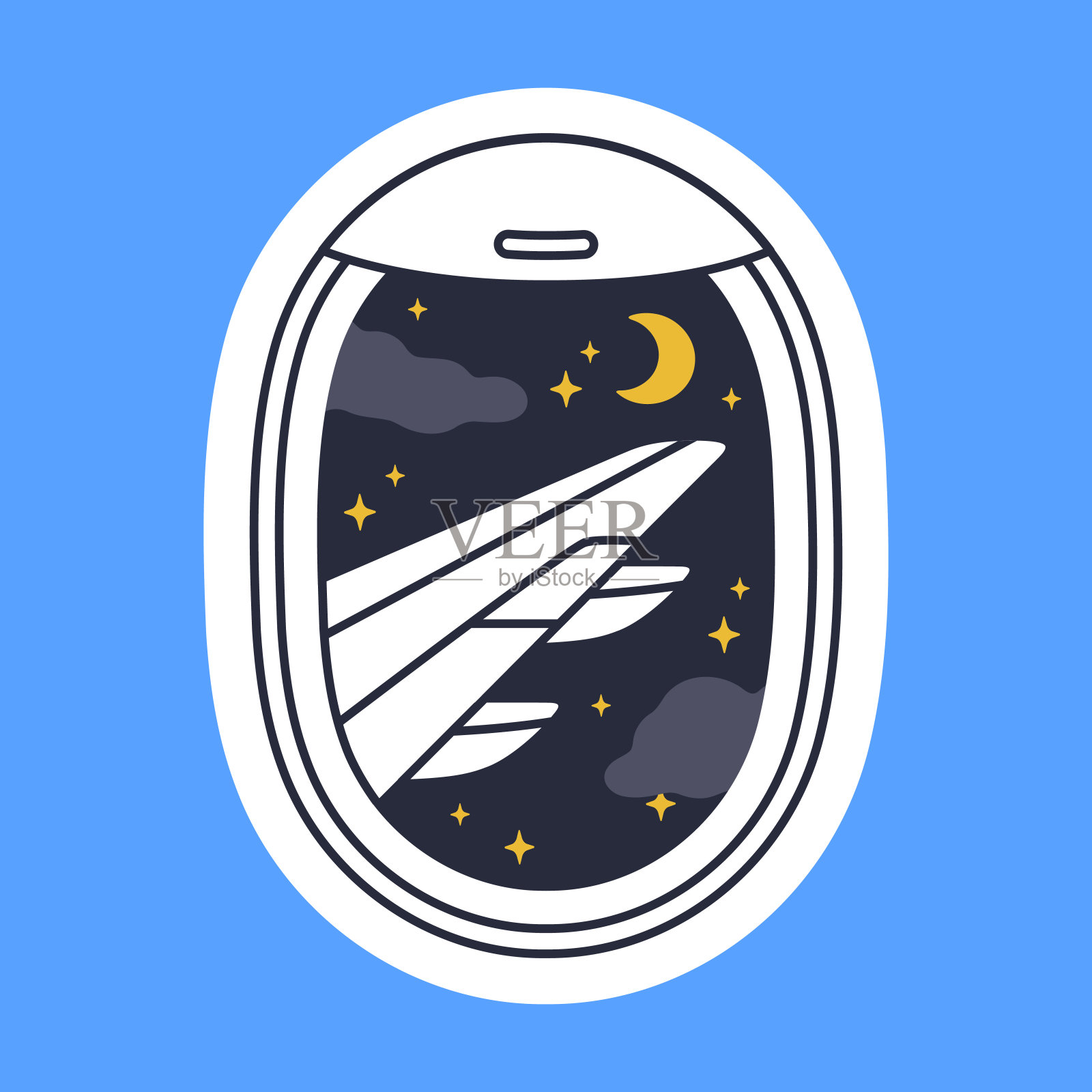 飞机舷窗视图。飞机夜空视图,飞行飞机窗口视图与月亮和星星平面矢量插图。飞机窗口视图插画图片素材