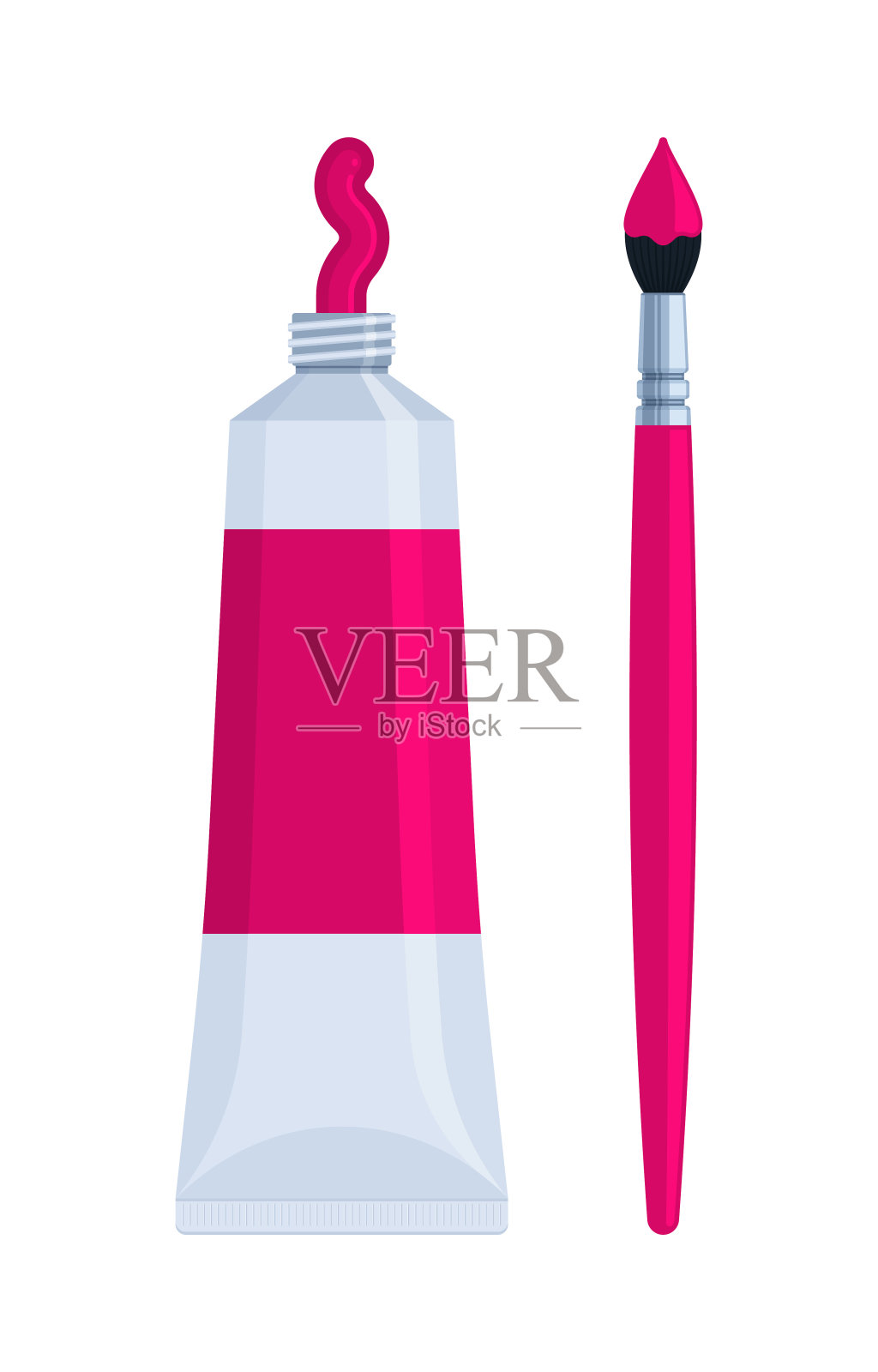 粉红色品红色油漆管与画笔图标。平面矢量插图隔离在白色背景。美术用品和绘画概念。完美的教育材料和创意项目插画图片素材