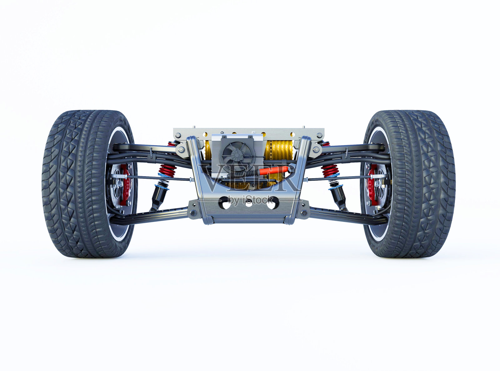 3d渲染插图电动汽车驱动与电池前视图孤立的白色背景与阴影照片摄影图片