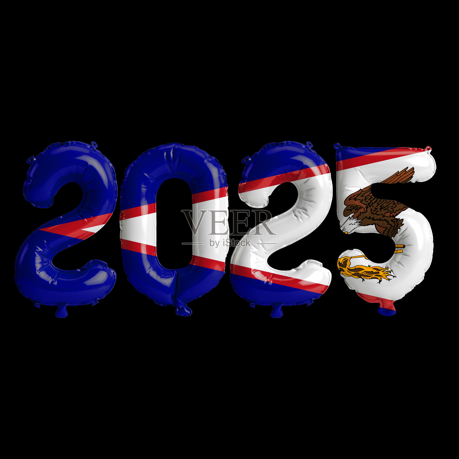 美属萨摩亚国旗颜色的2025年新年气球3D插图,孤立在黑色背景上照片摄影图片