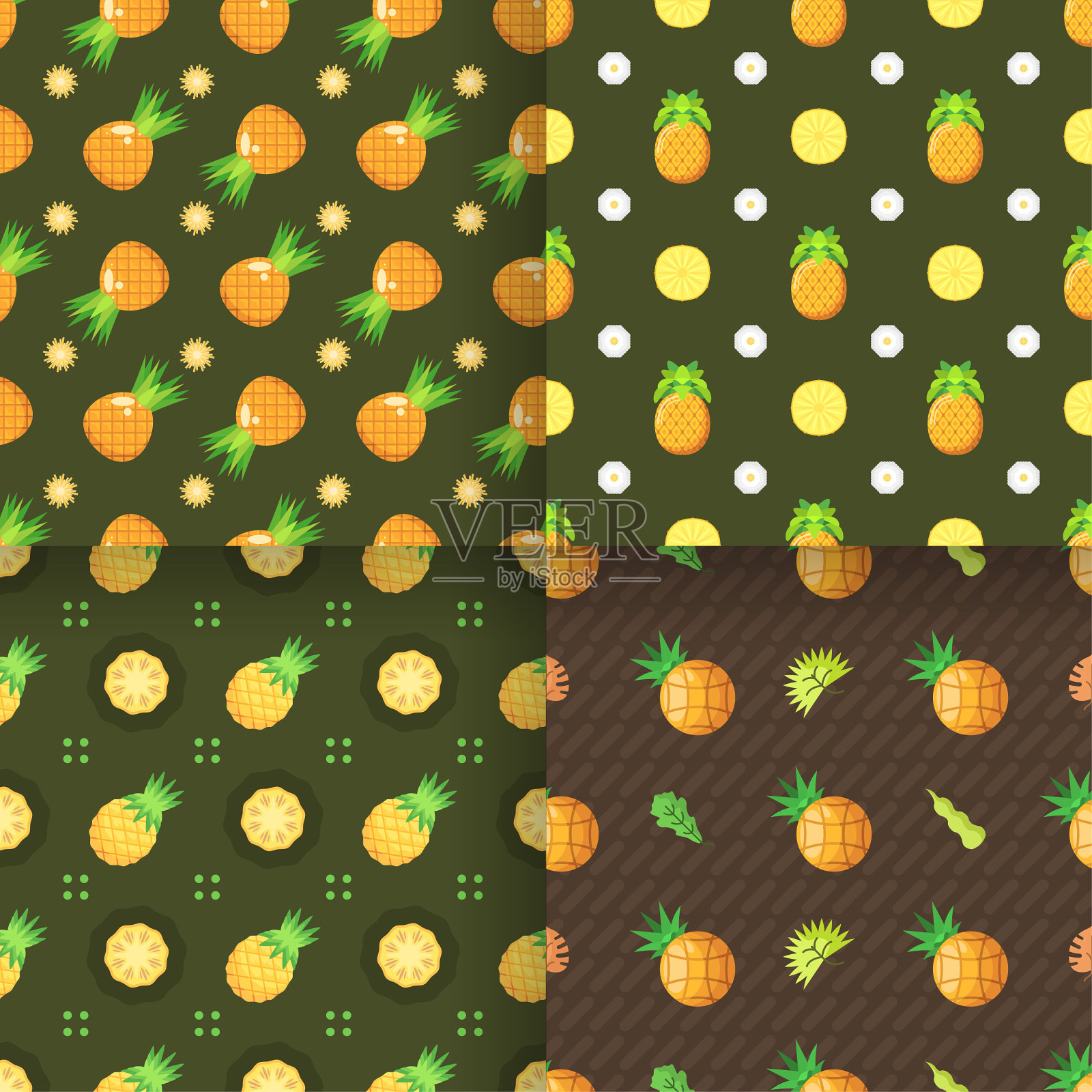 设置无缝收集图案抽象元素水果食物菠萝矢量设计风格背景插图纹理印刷品纺织品,服装,礼品包装,壁纸,粉彩插画图片素材