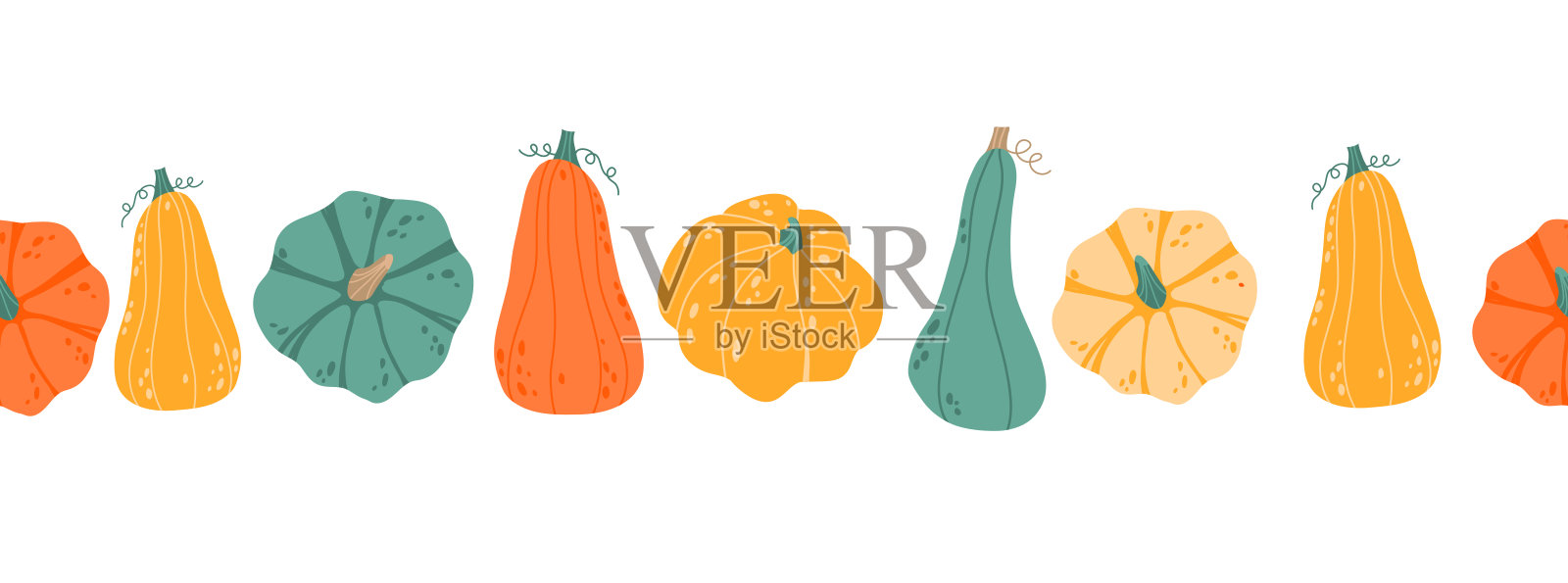 五颜六色的秋天南瓜水平无缝背景。季节性秋收。手绘平面矢量插图孤立的白色背景,设计元素。季节性的秋季横幅设计问候或促销。插画图片素材