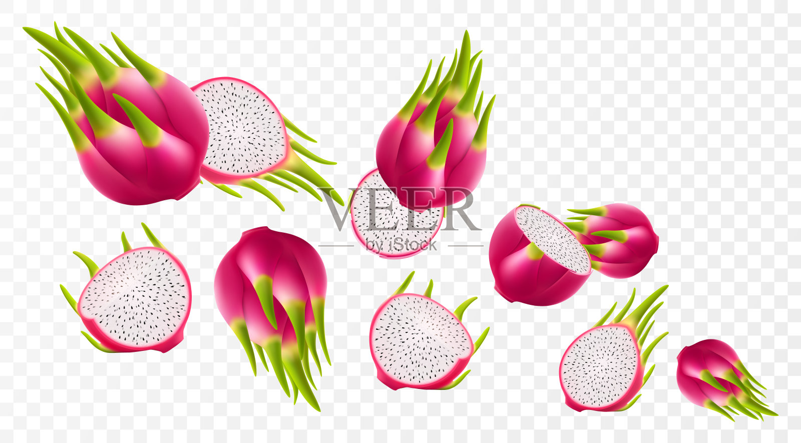 飞熟火龙果。明亮的背景下降多汁的水果pitahaya,现实的插图与模糊的效果。3d矢量设计的广告横幅和网页设计插画图片素材