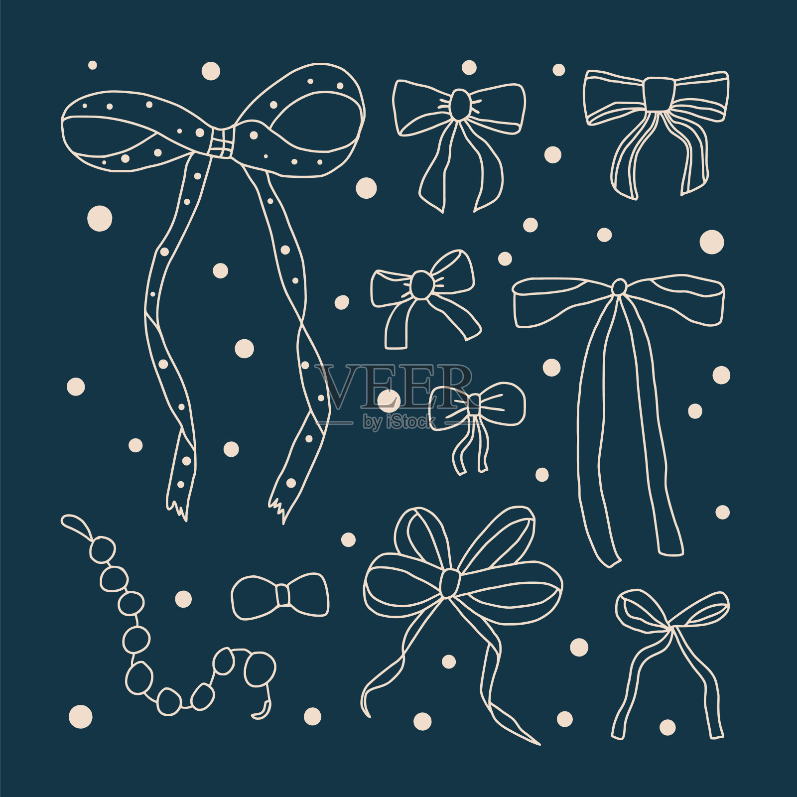 弓组成。丝质绑带套装。卖弄风情的审美。矢量手绘涂鸦蝴蝶结集合插图。插画图片素材