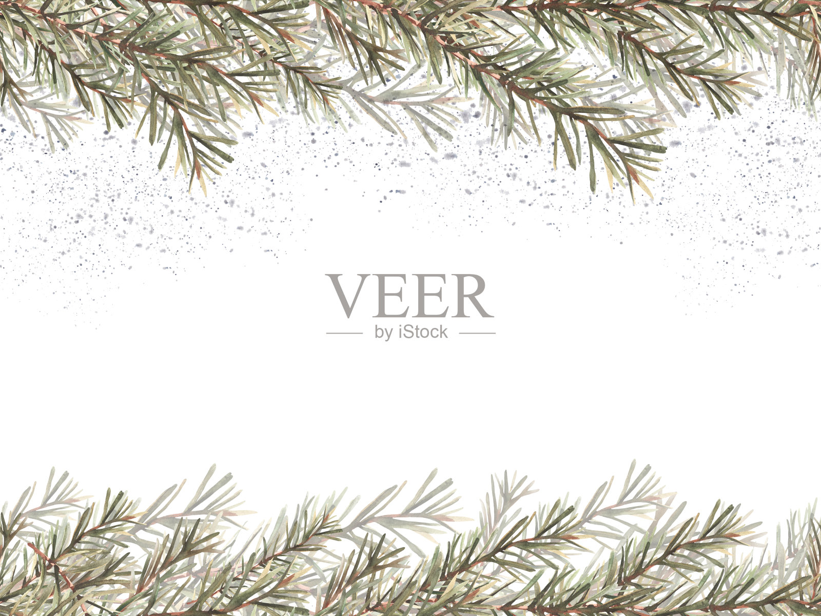 杉树树枝。冬天下雪,圣诞无缝挂旗。水彩手绘插图插画图片素材