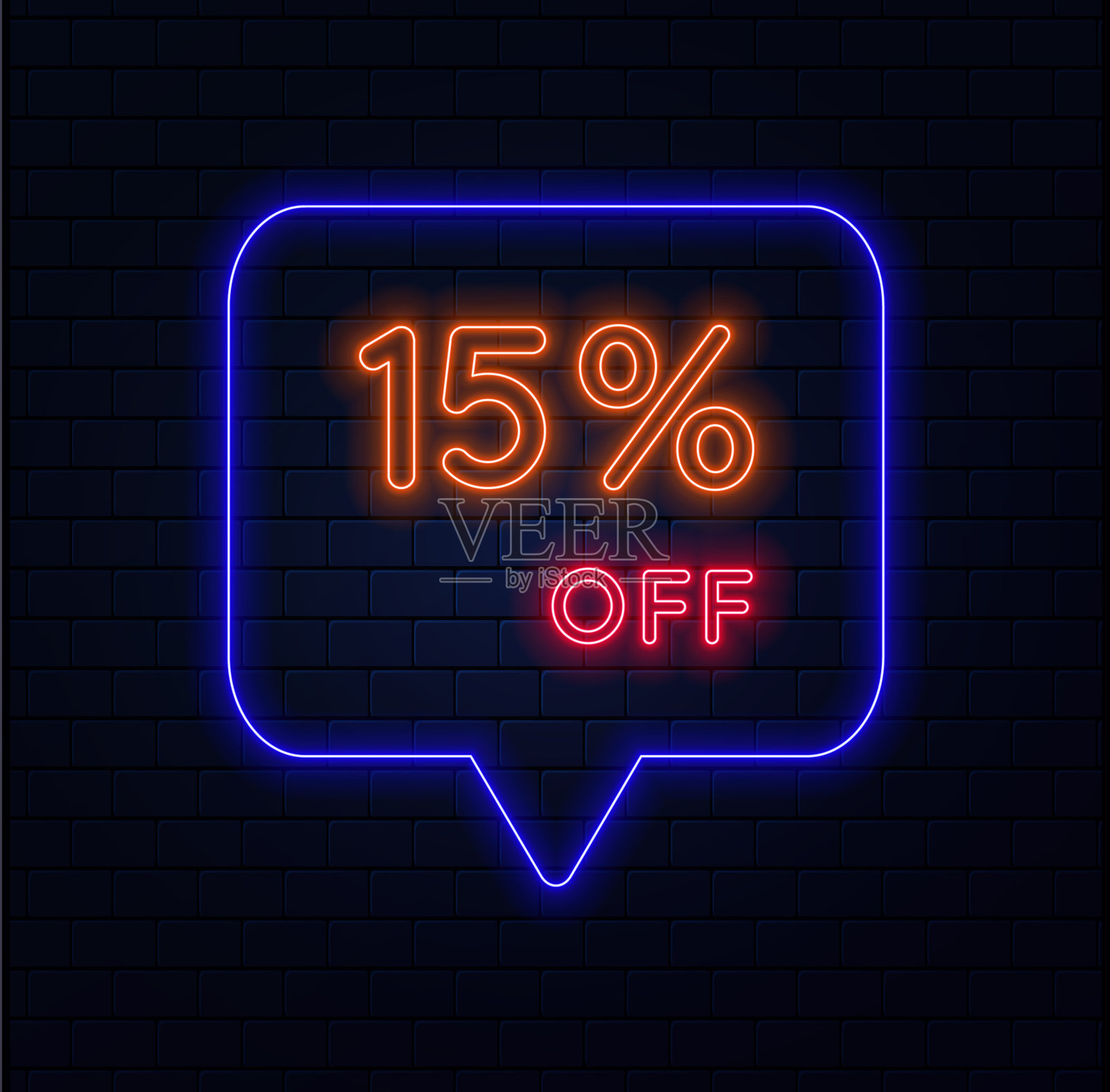 15%。八五折。霓虹风格。特价销售。一个霓虹风格的气球广告为购物日零售广告活动。砖的背景。矢量插图。插画图片素材