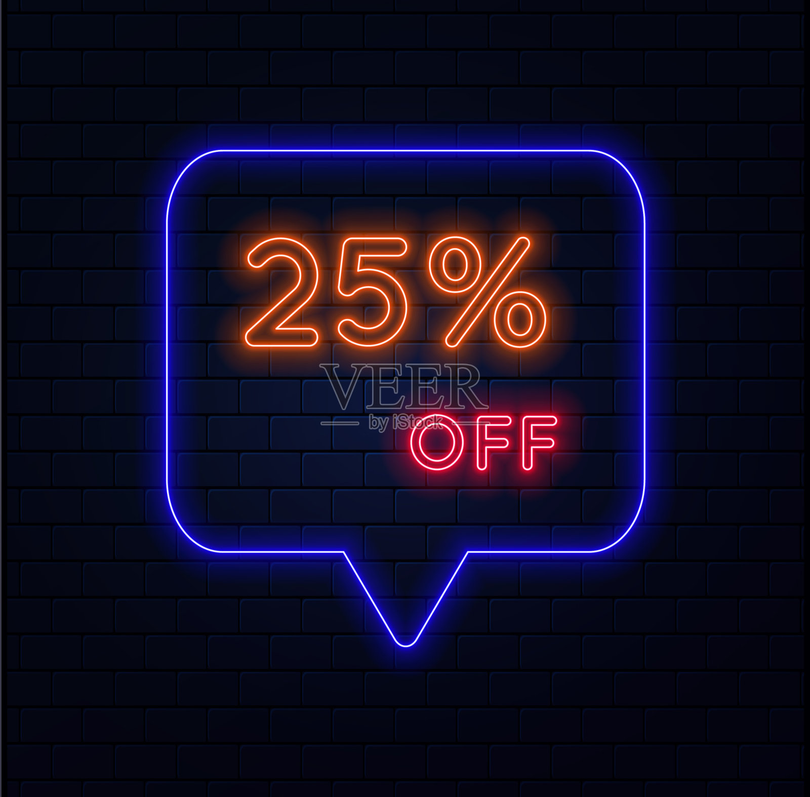 25%。打八五折。霓虹风格。出售特价商品。一个霓虹风格的气球广告为购物日零售广告活动。砖的背景。矢量图插画图片素材