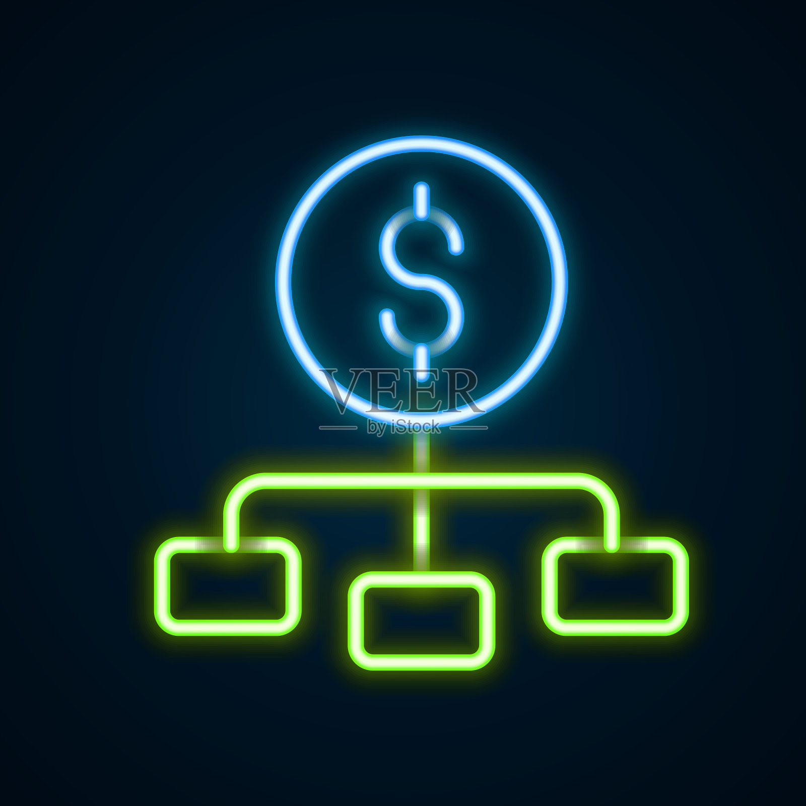 发光的霓虹灯线美元在金融等级图标的顶部孤立的黑色背景。色彩缤纷的轮廓概念。向量插画图片素材