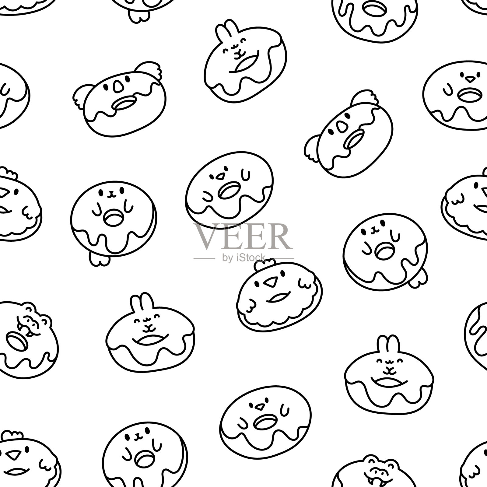 可爱的卡哇伊甜甜圈与动物的脸。无缝模式。着色页面。卡通有趣的食物。手绘风格。矢量图。设计的饰品。插画图片素材