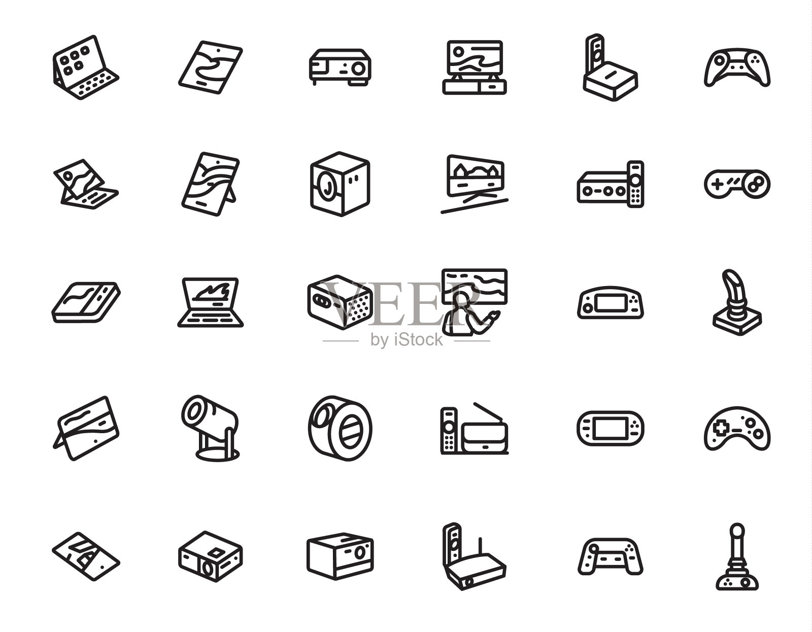 游戏和演示设备图标设置在黑色,可编辑的笔画,矢量插图插画图片素材