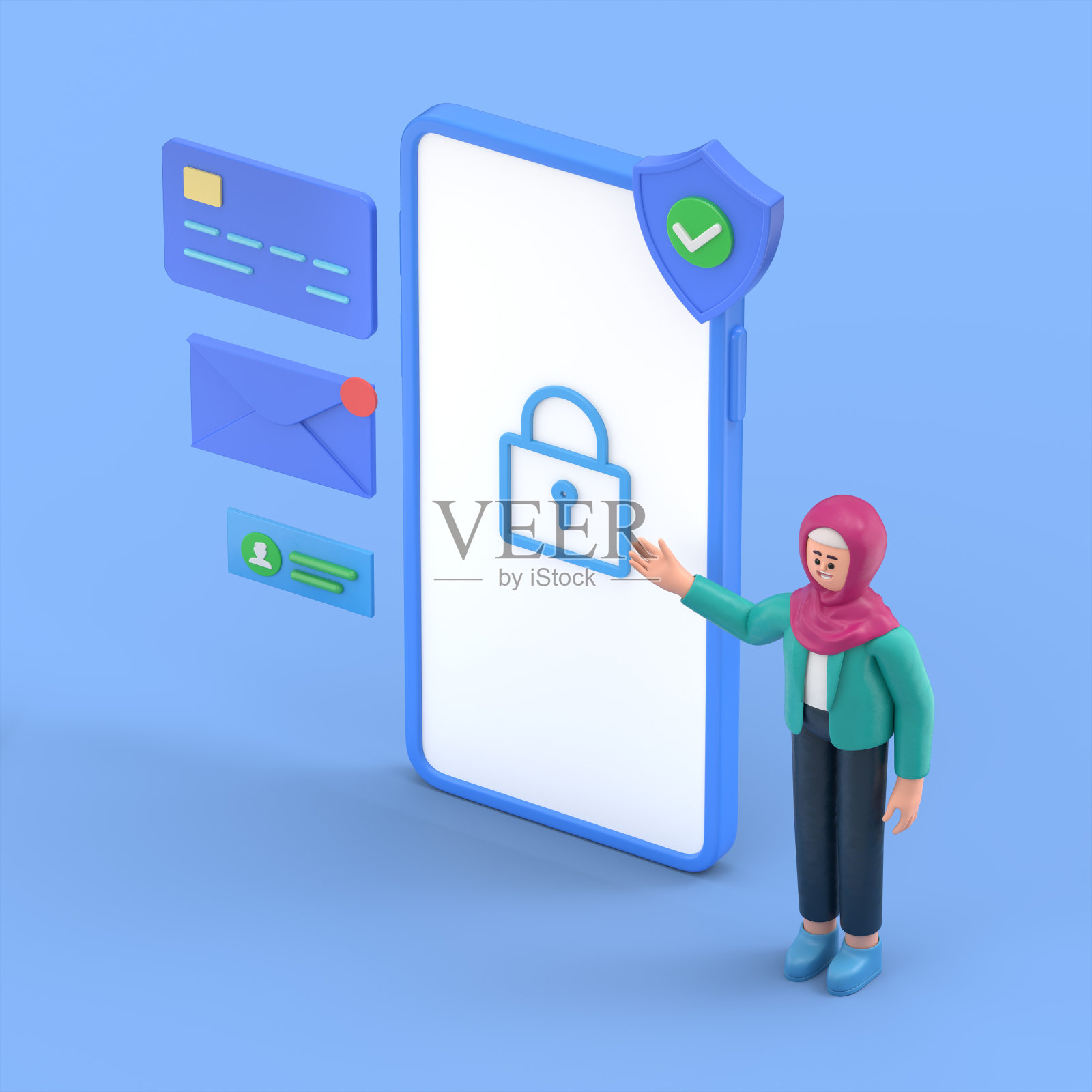 数据保护概念。三维插图微笑阿拉伯妇女Ghaliyah可以用于网页横幅,信息图表,英雄形象。平面等距三维插图孤立的蓝色背景。照片摄影图片