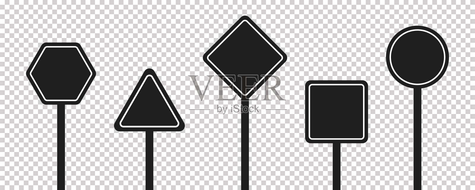 一套圆形,方形,菱形,三角形和六边形黑色道路标志。矢量插图图标警告的情况在道路上。透明的隔离背景。插画图片素材